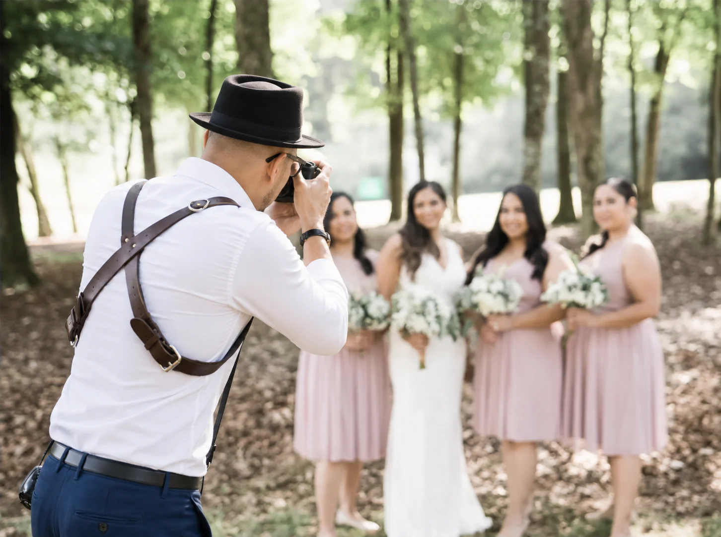Arman photographing a bridal party in an avenue of trees