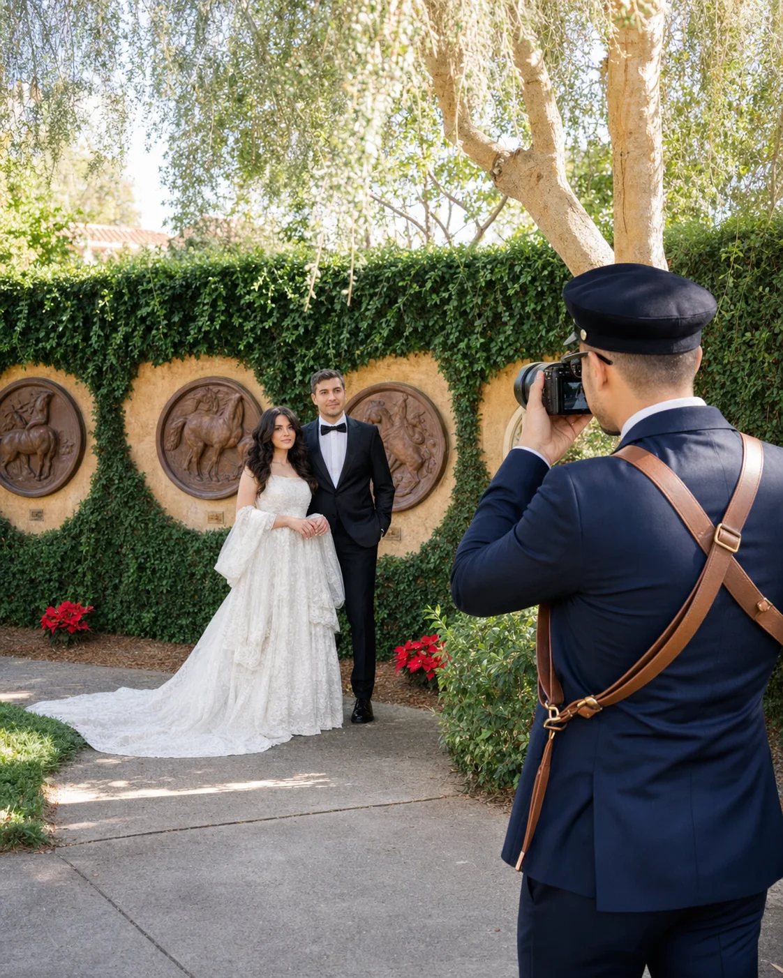 Arman photographing a bride and groom in front of an ivy-covered wall