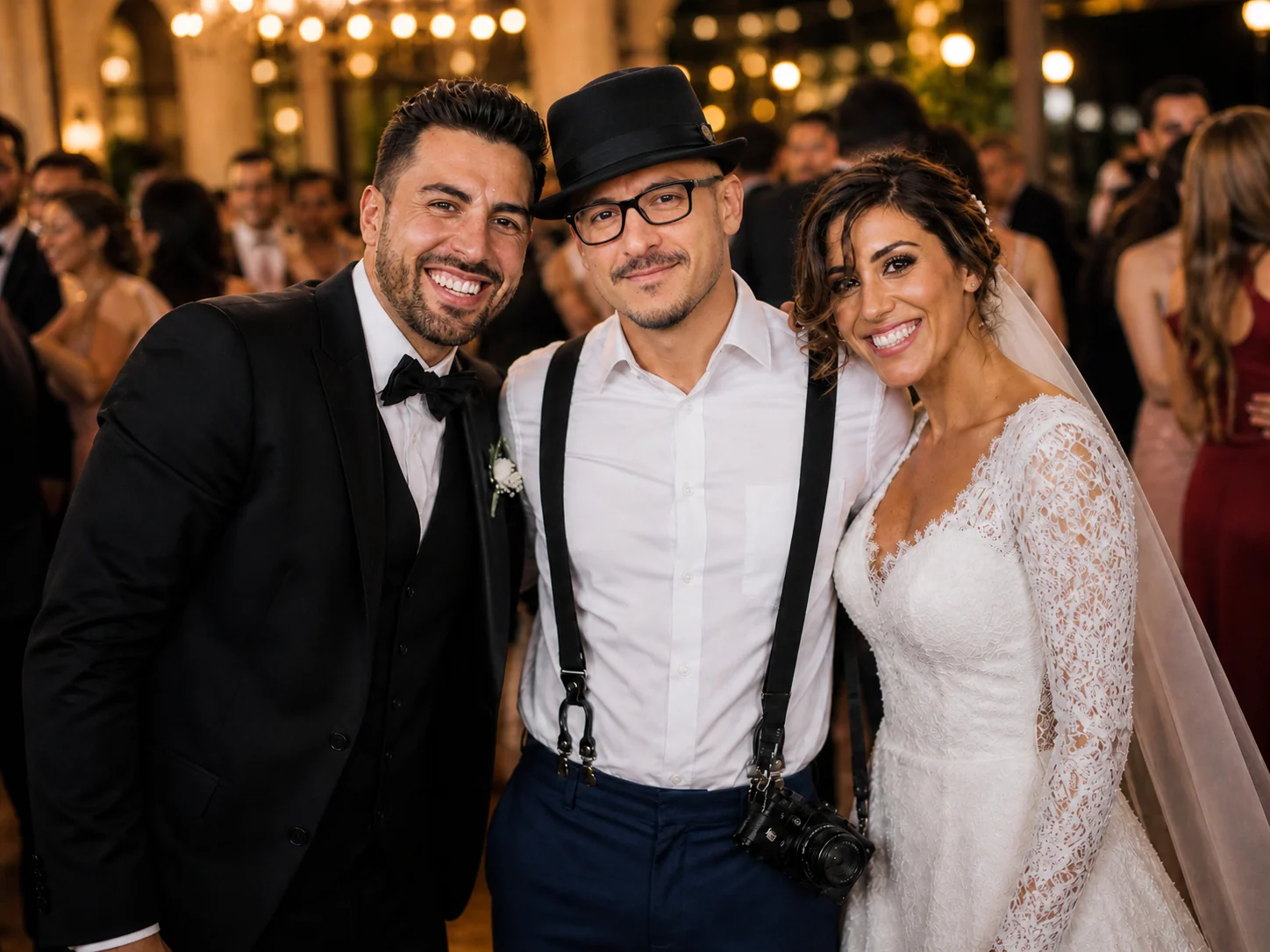 Arman standing with a bride and groom at their reception