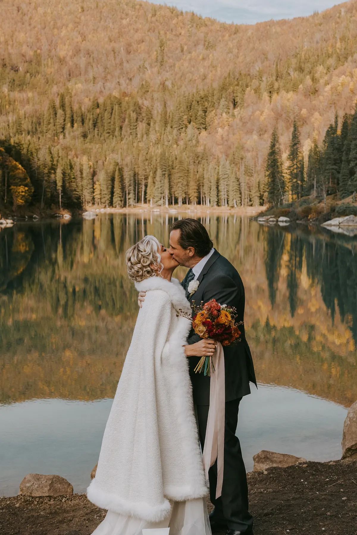 Couple kissing at the edge of a lake ringed with autumn forest in Parc de la Jacques-Cartier