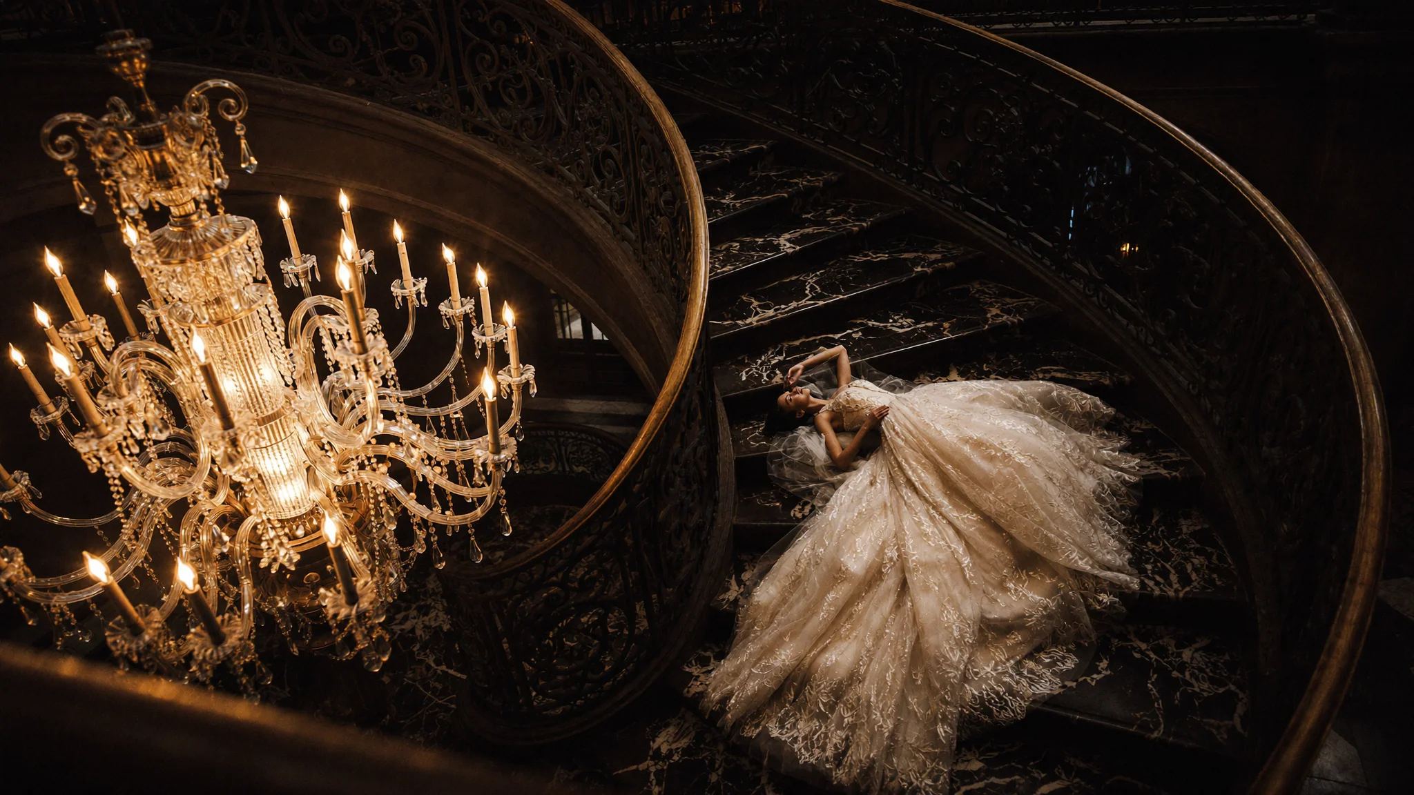 A gown spread down a gilded staircase beneath a lit chandelier
