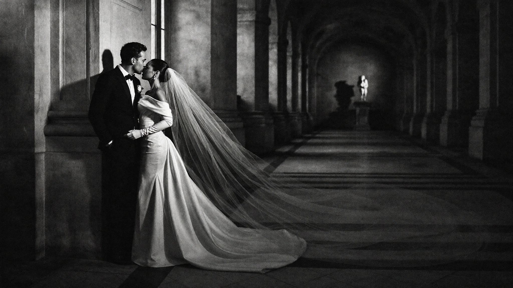 Black and white frame of a couple kissing at the end of a long stone colonnade