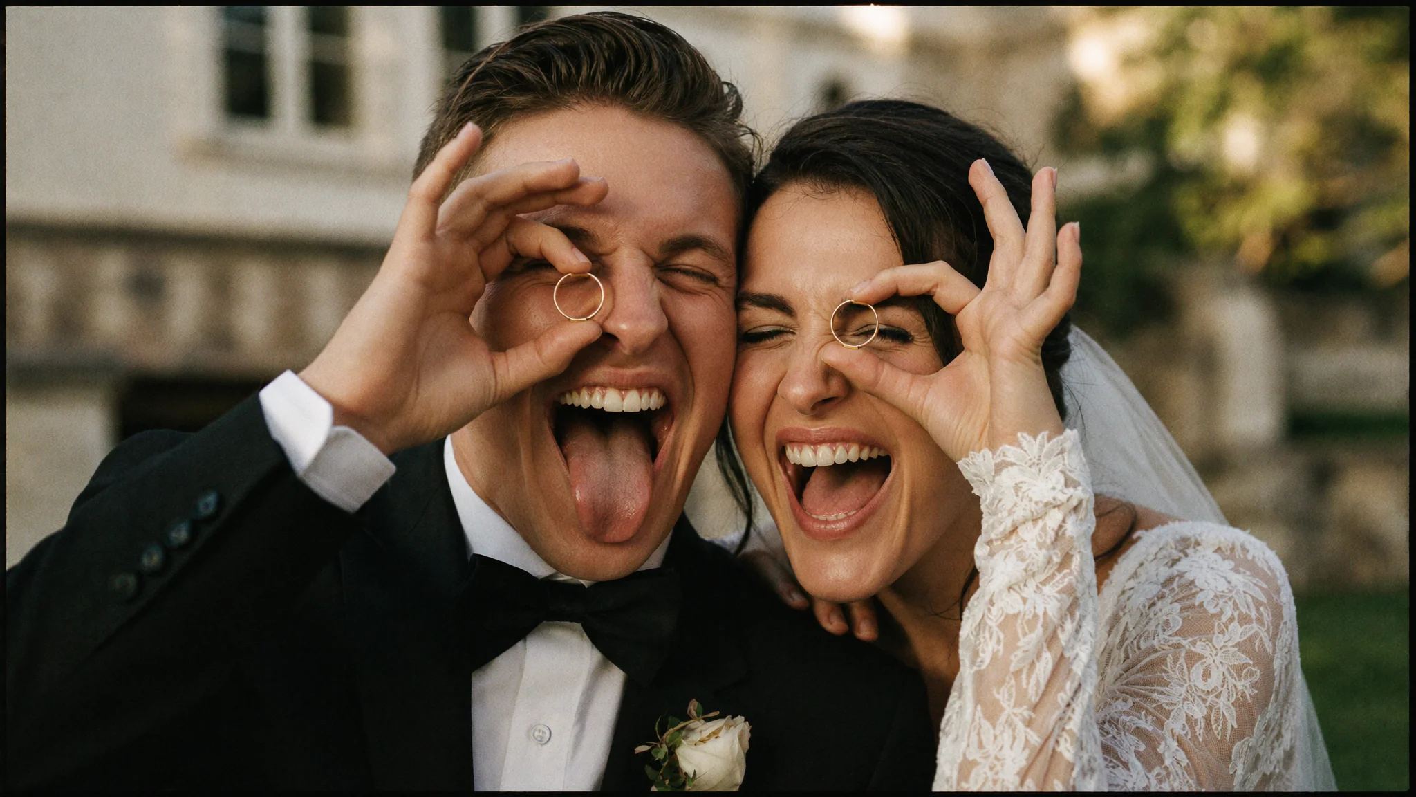Bride and groom laughing with their hands held up like goggles over their eyes