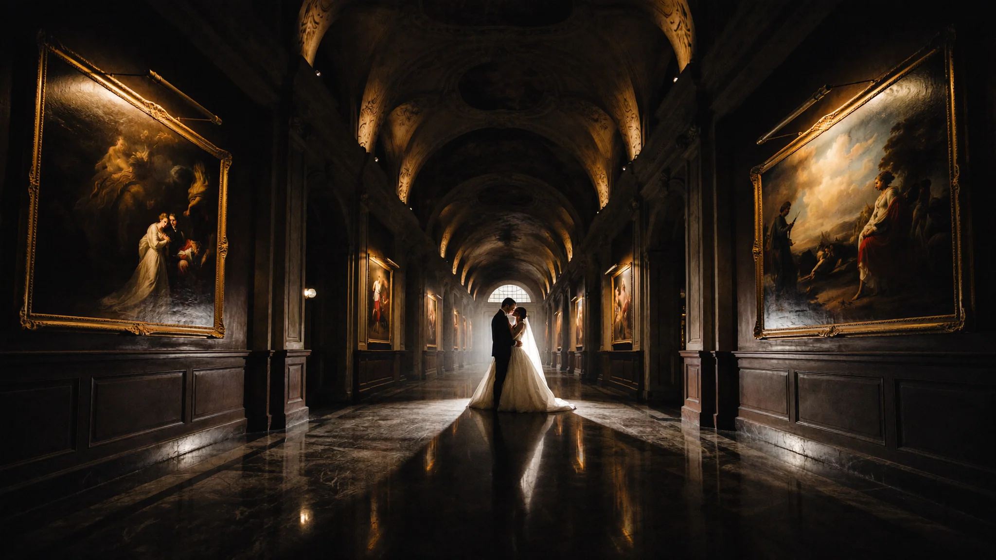 Bride walking the length of a dark gallery hung with gilt-framed paintings