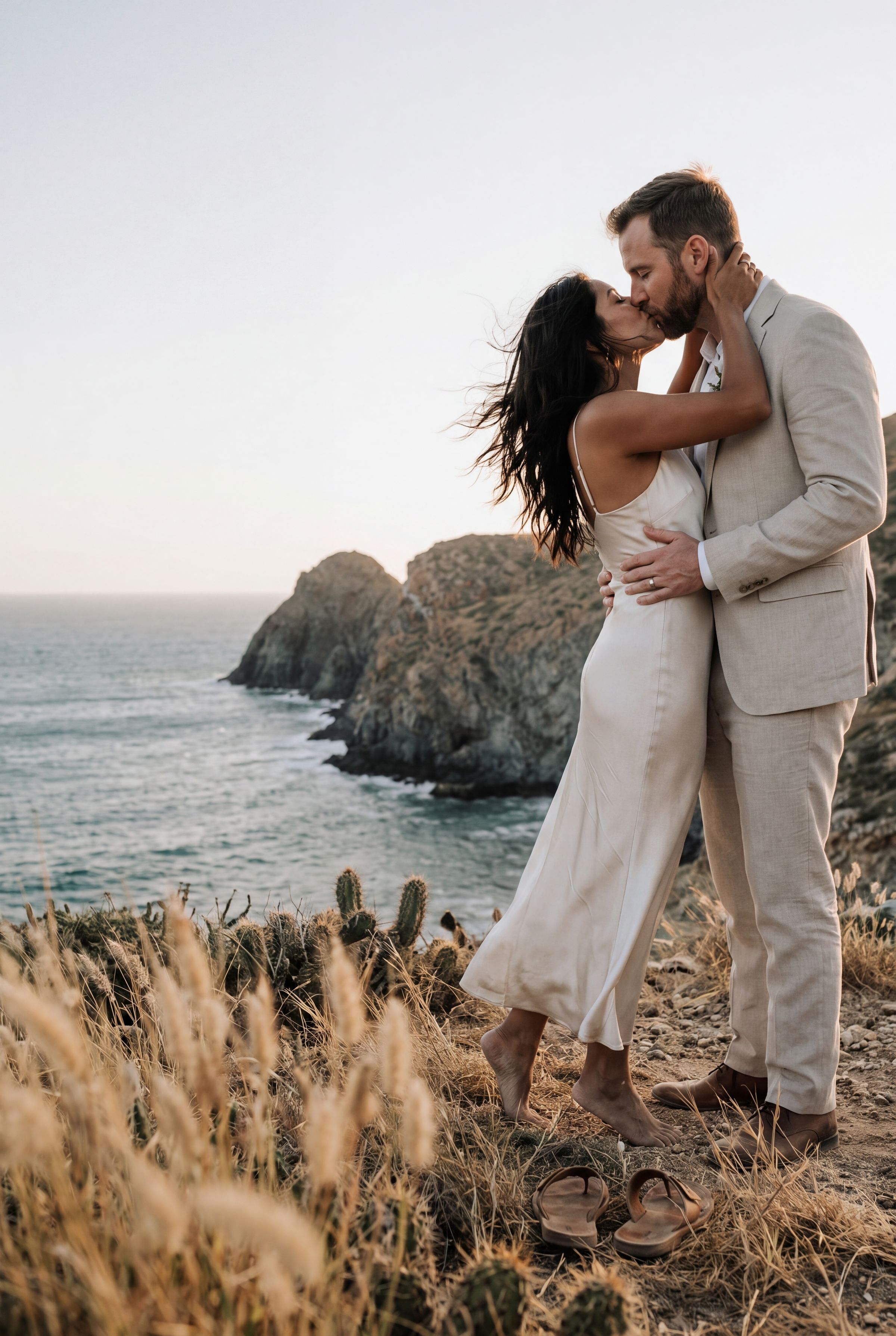A couple on a dry golden bluff above the Pacific in Baja California Sur