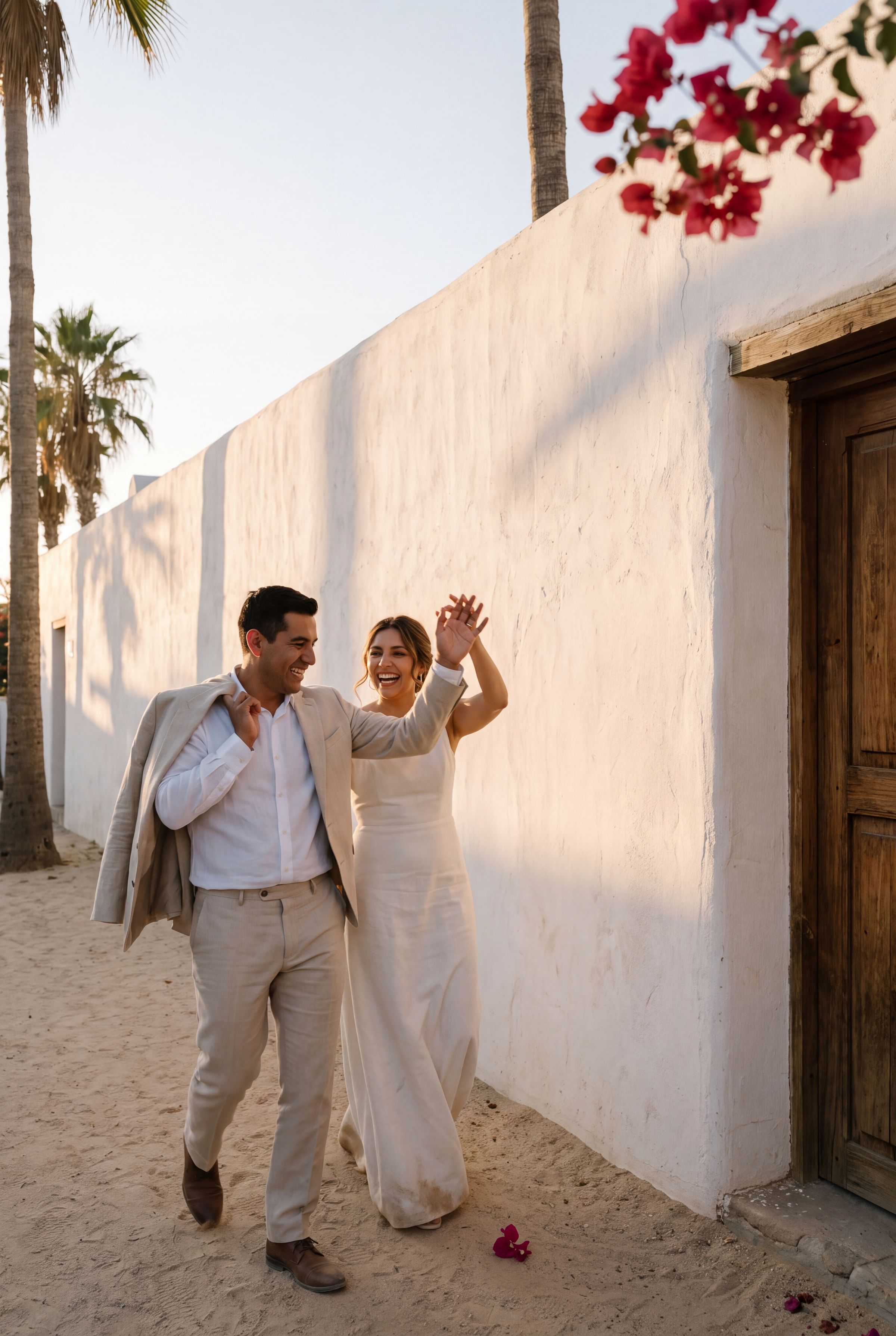 A couple beside a whitewashed wall with bougainvillea in Baja California Sur