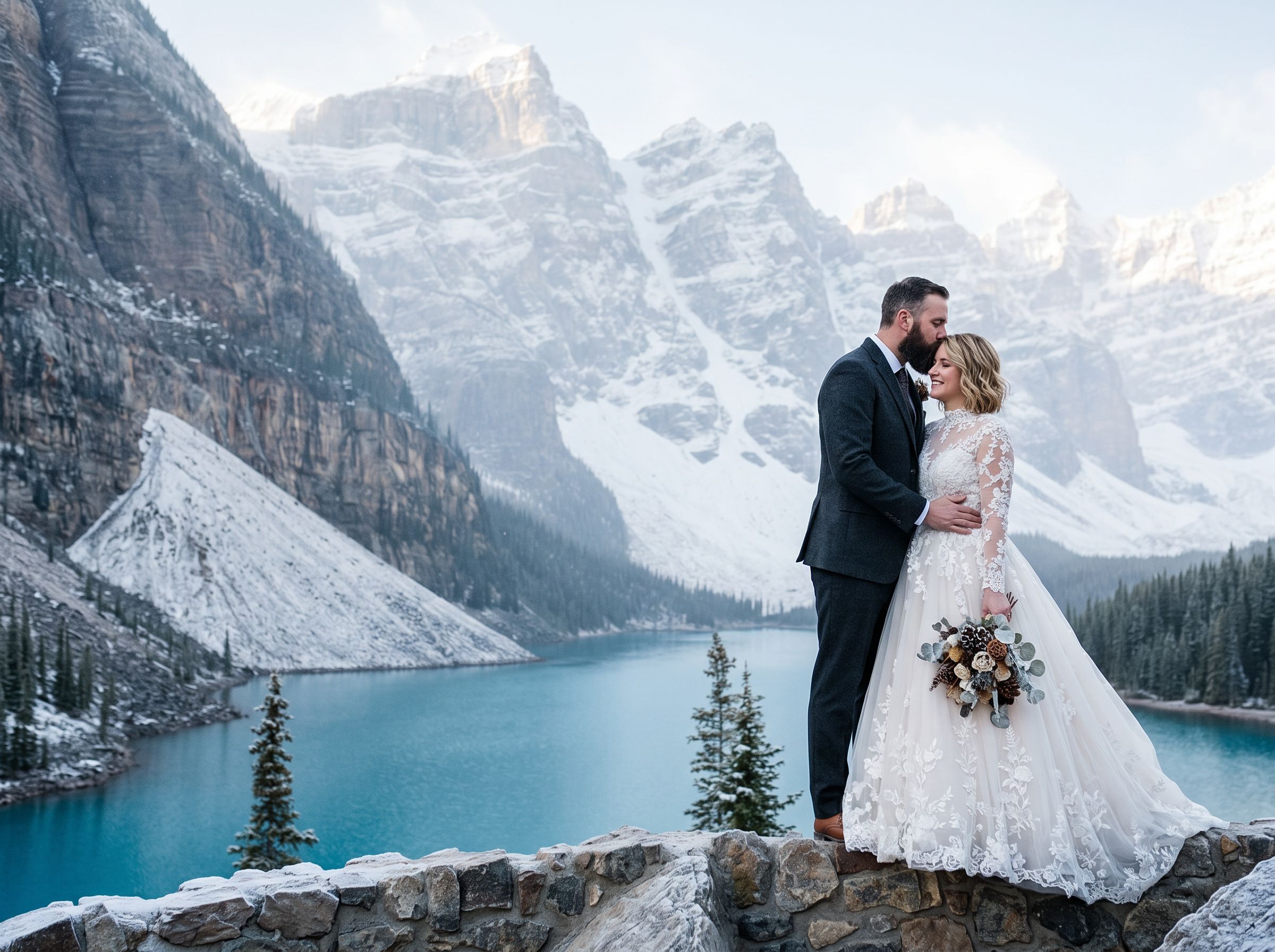 A couple in the snow above the turquoise water of Moraine Lake