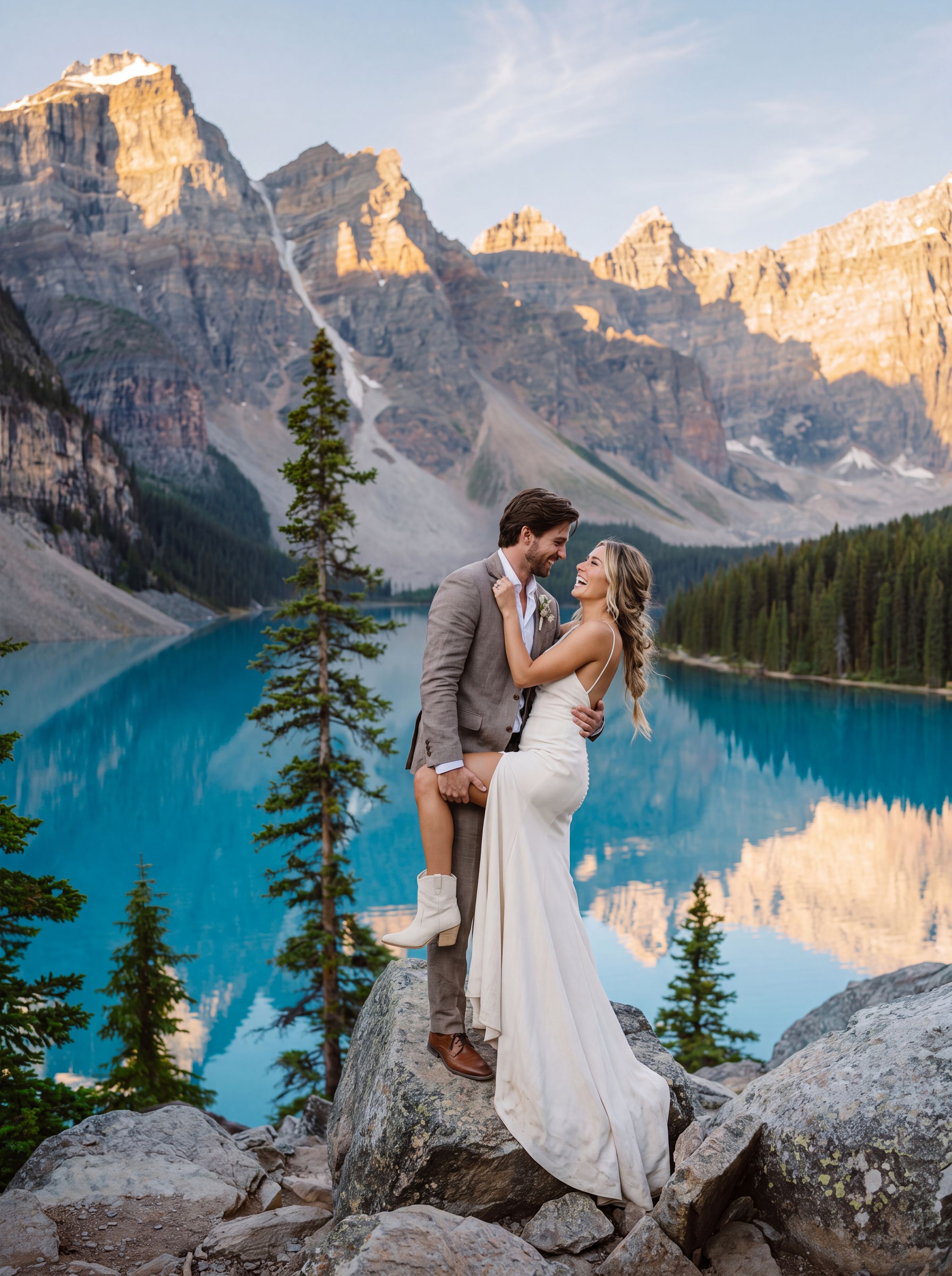 A couple walking away together into evening light in the Canadian Rockies