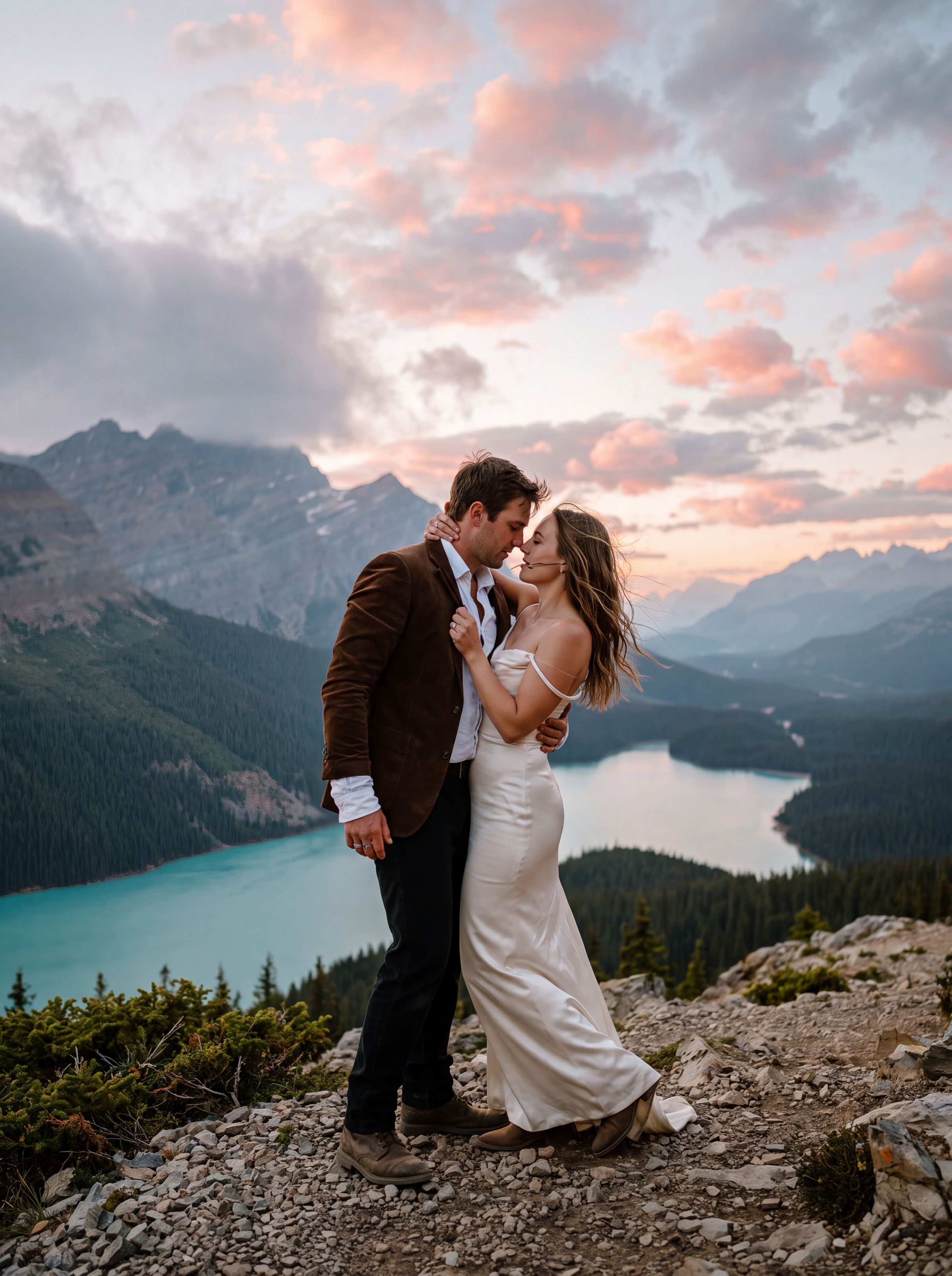 A couple embracing beside a mountain lake in Banff at sunset