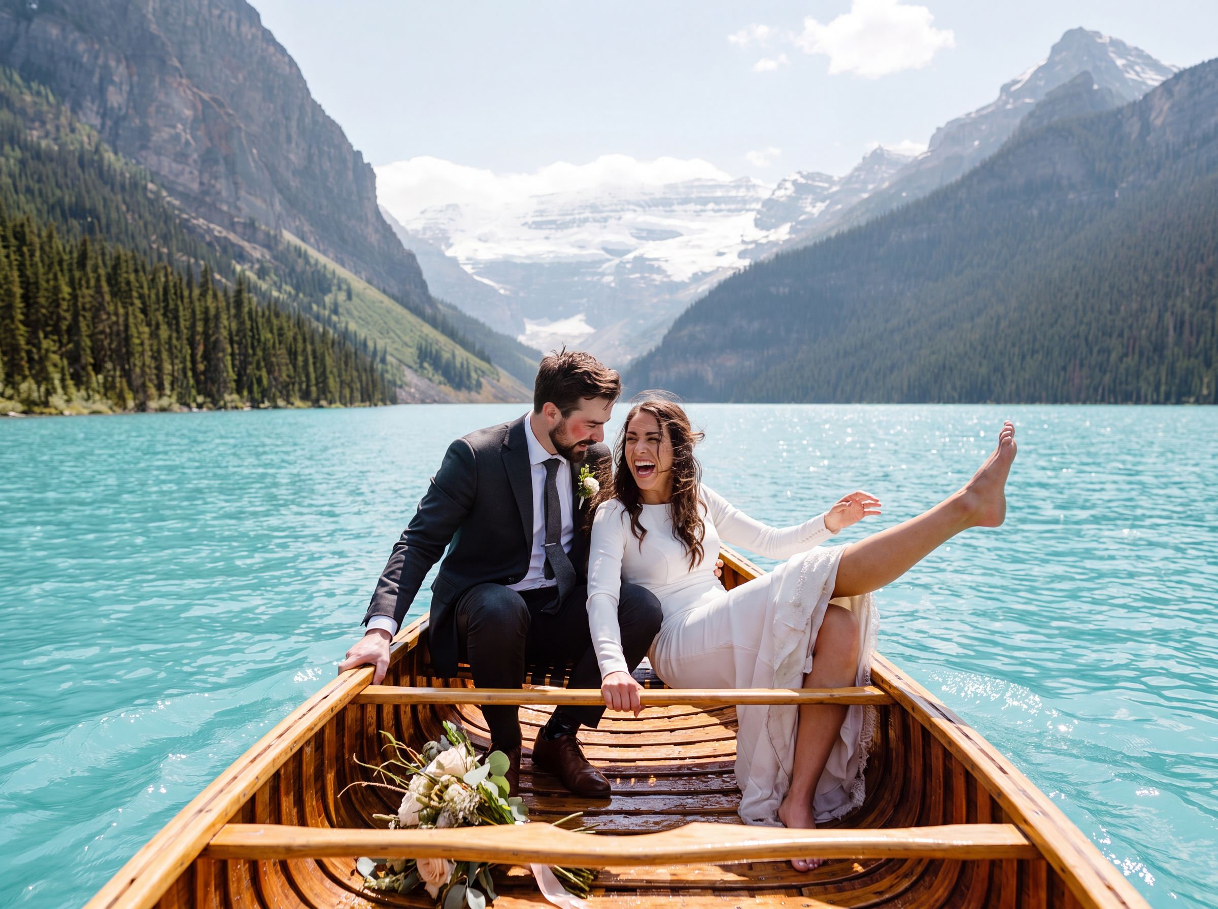 A couple laughing in a wooden canoe on Lake Louise below the Victoria Glacier in Banff