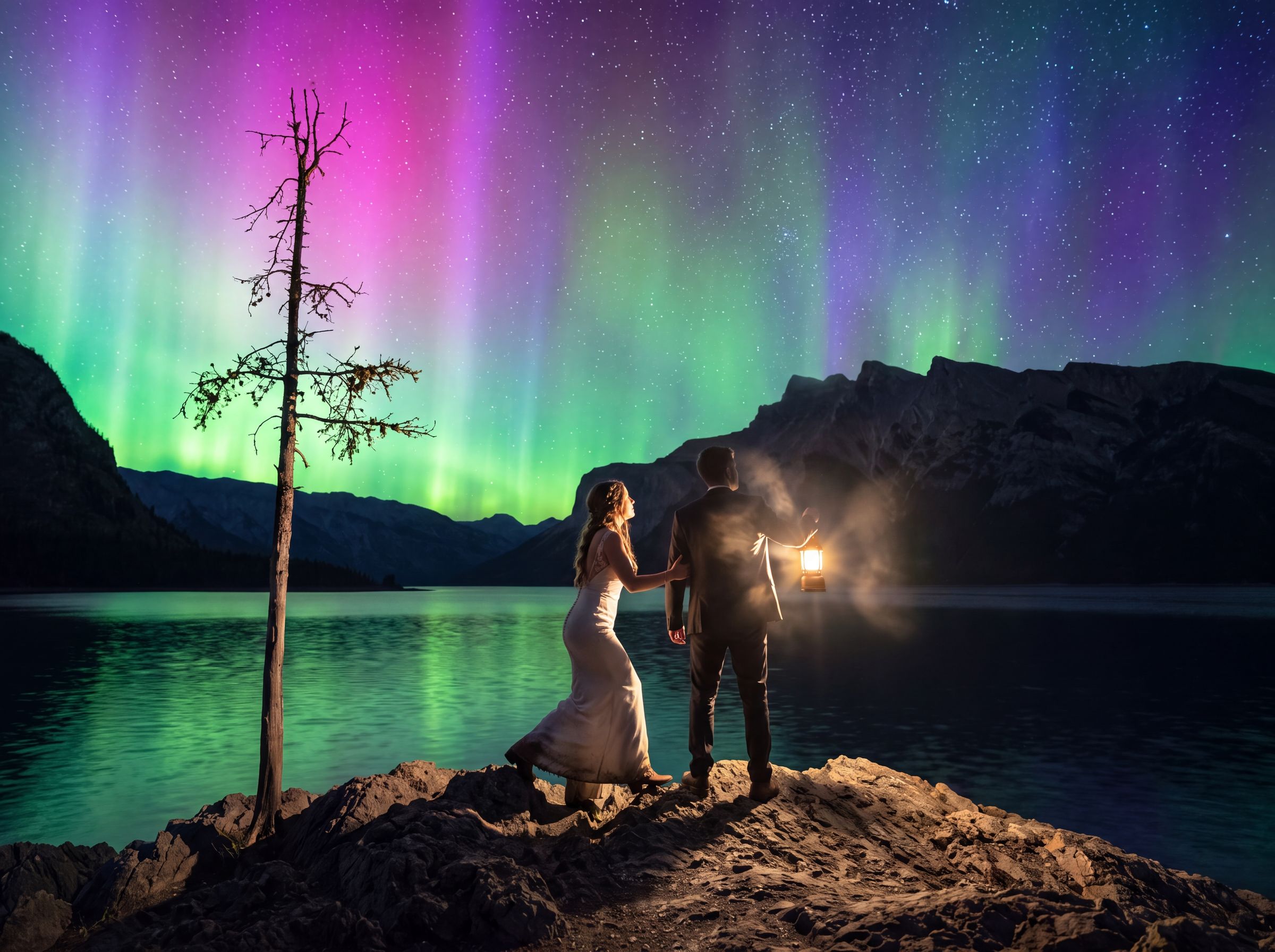 Northern lights over a lake behind a couple in Banff