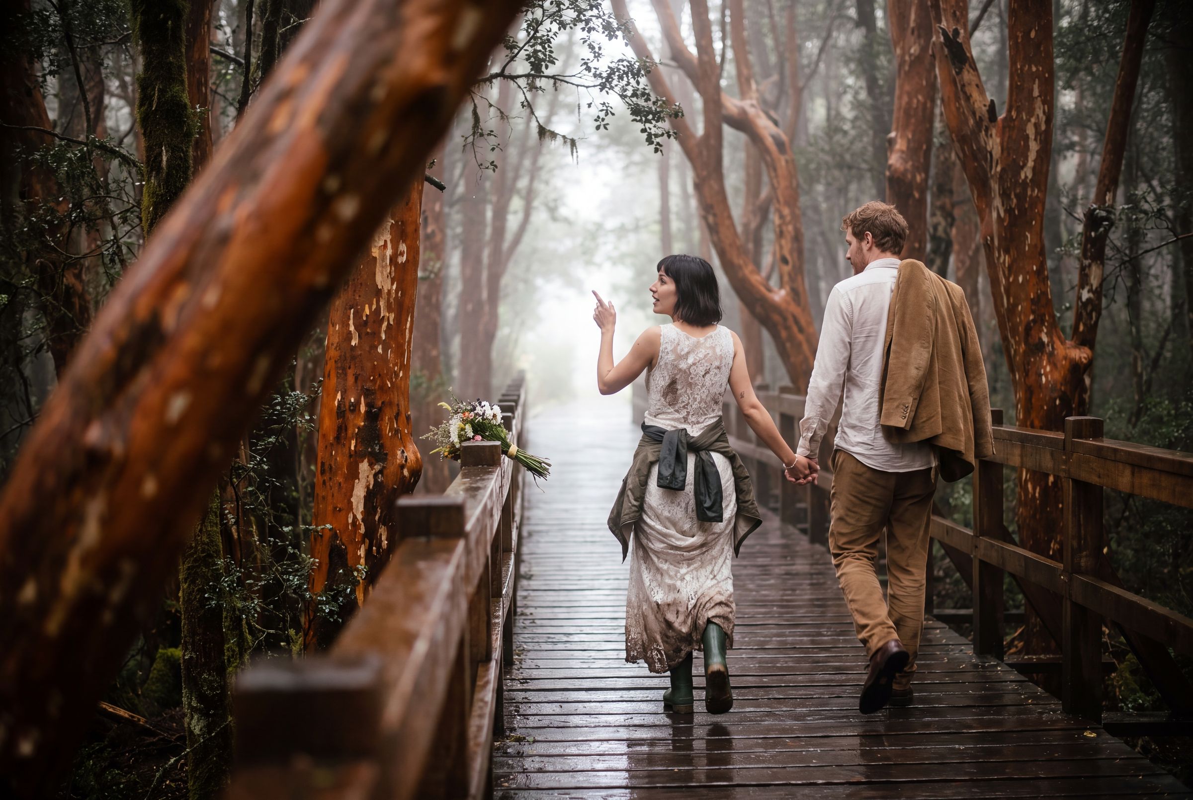 The myrtle boardwalk at Bosque de Arrayanes after rain