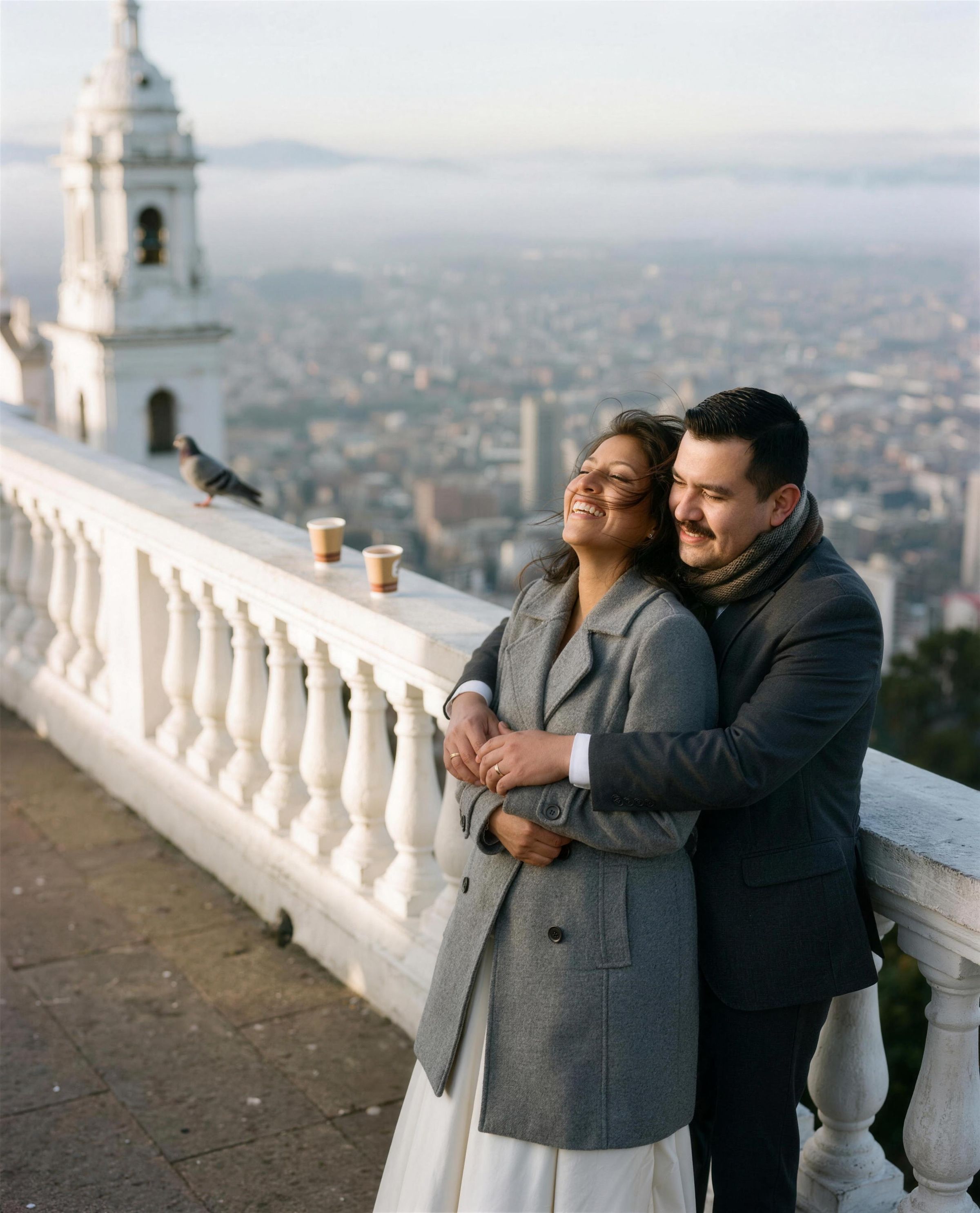 A couple above Bogotá at dawn with the city under cloud