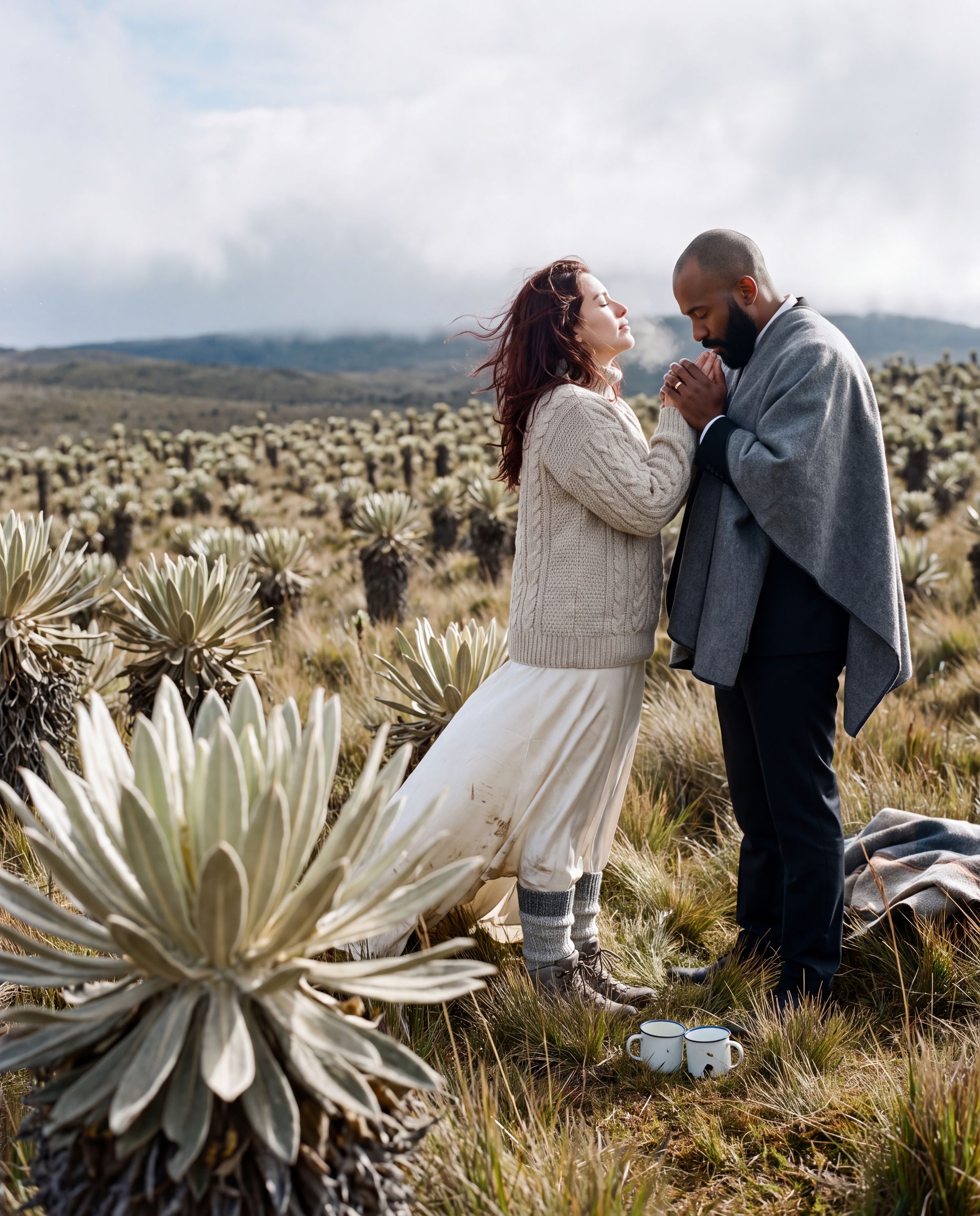 A couple among frailejones in the high páramo above Bogotá