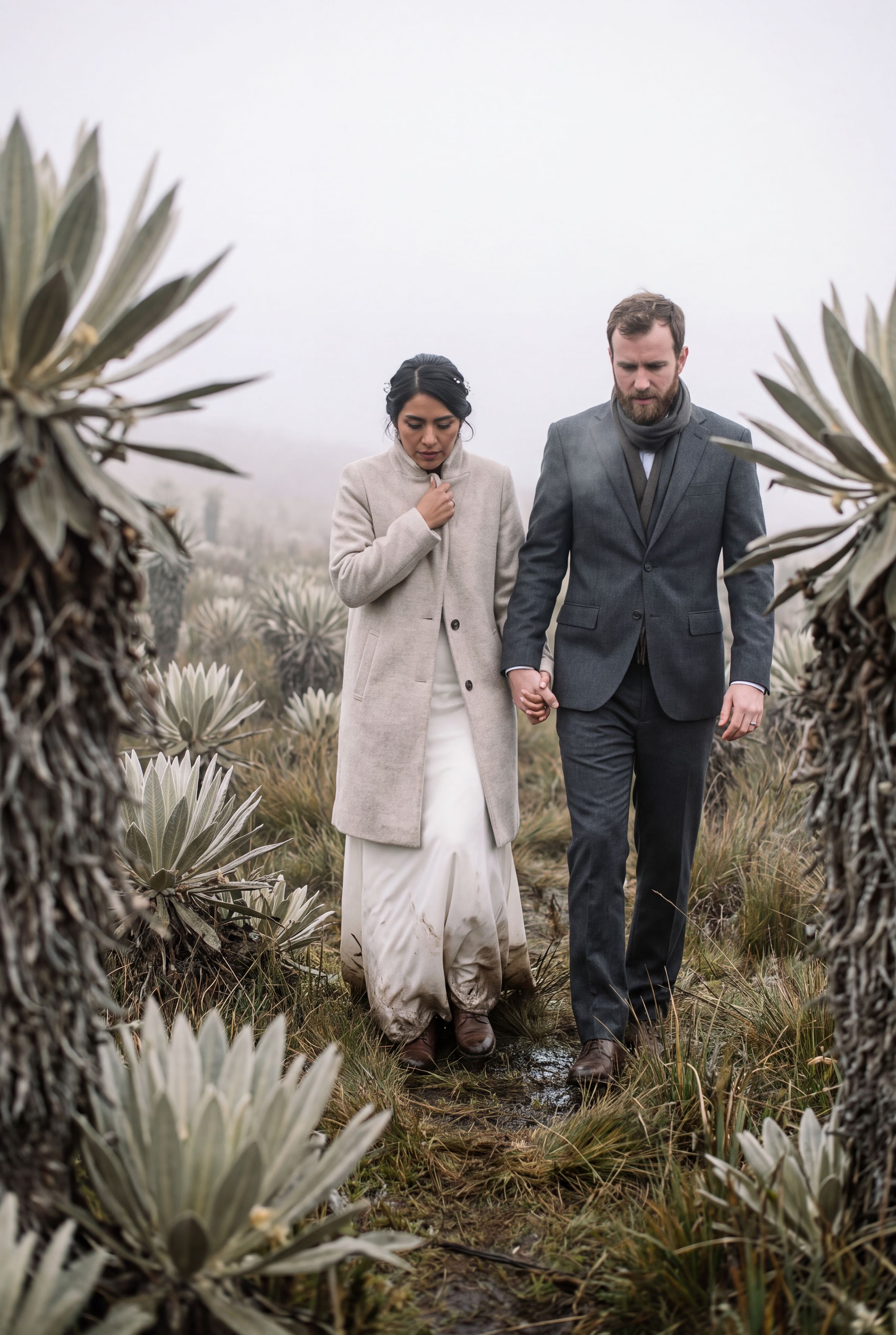 A couple walking through frailejones in cold fog on the páramo above Bogotá