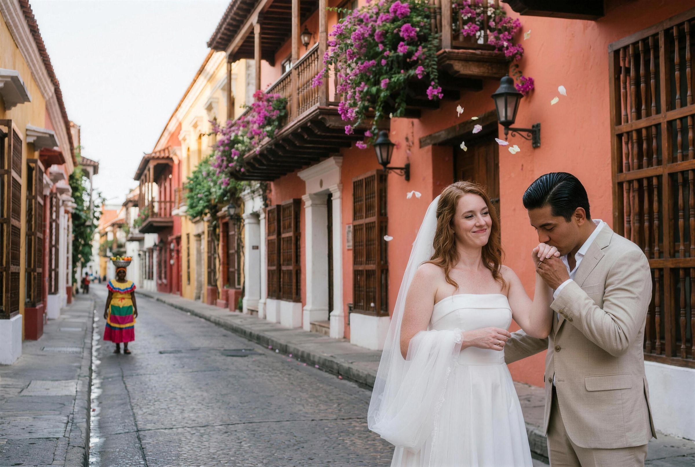 A couple walking the ramparts of the walled city of Cartagena with the Colombian flag behind