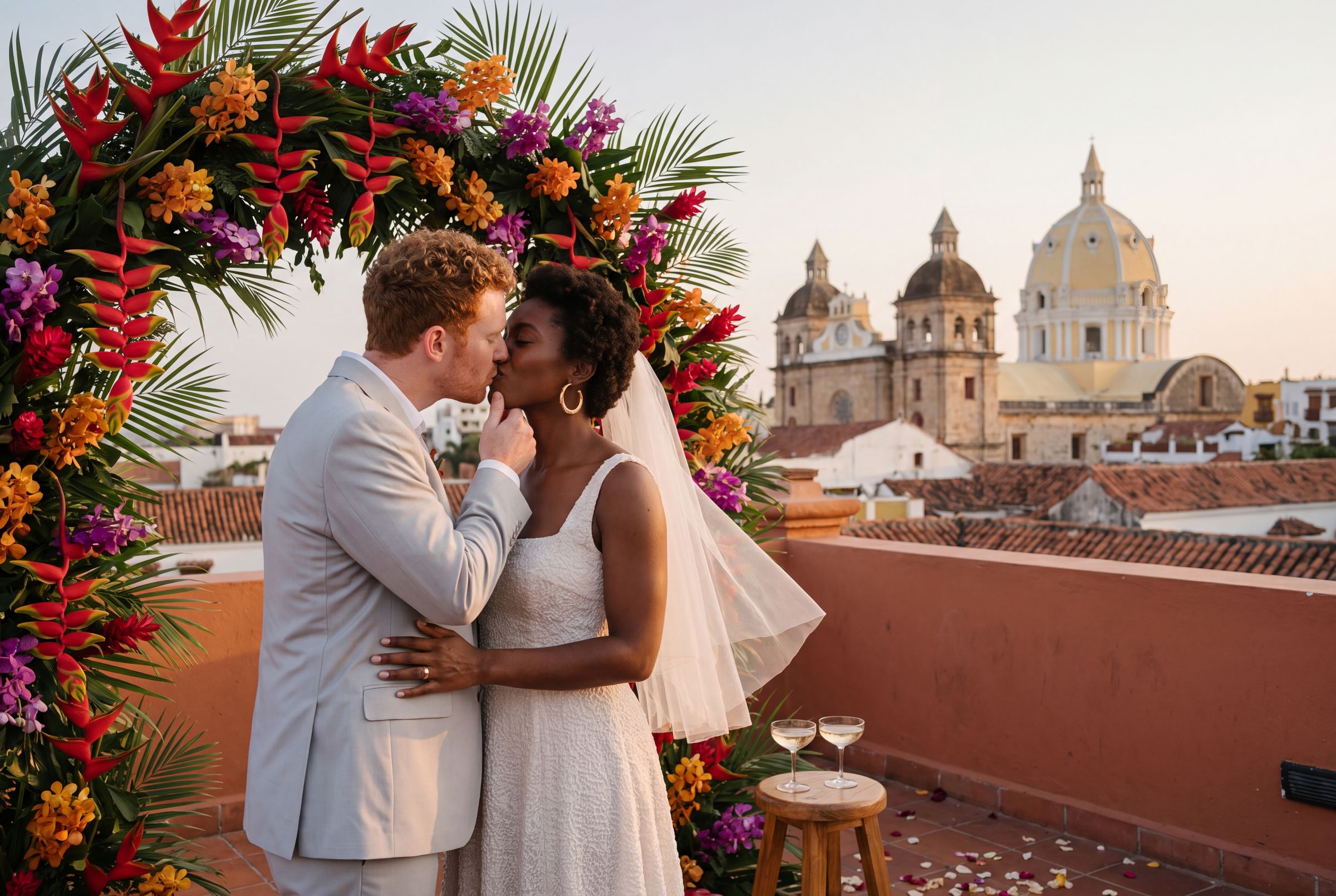 A couple beneath a bright floral arch on a Cartagena rooftop with the cathedral domes behind