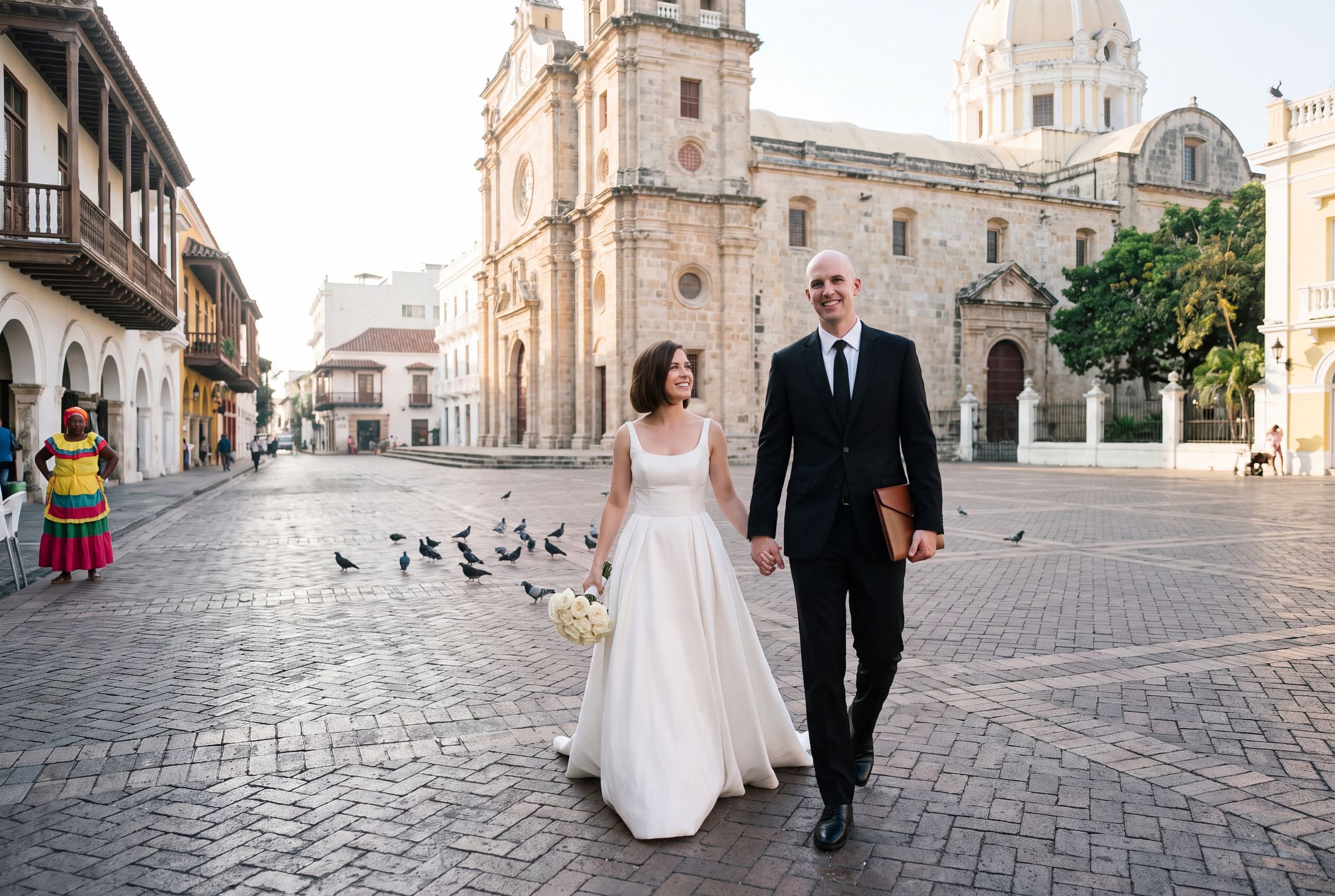 A couple crossing the cathedral square in the walled city of Cartagena at first light
