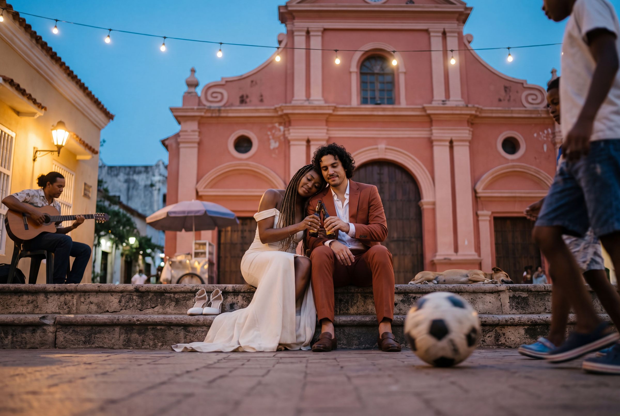 A couple on a wooden boat at dusk with the Cartagena skyline behind them