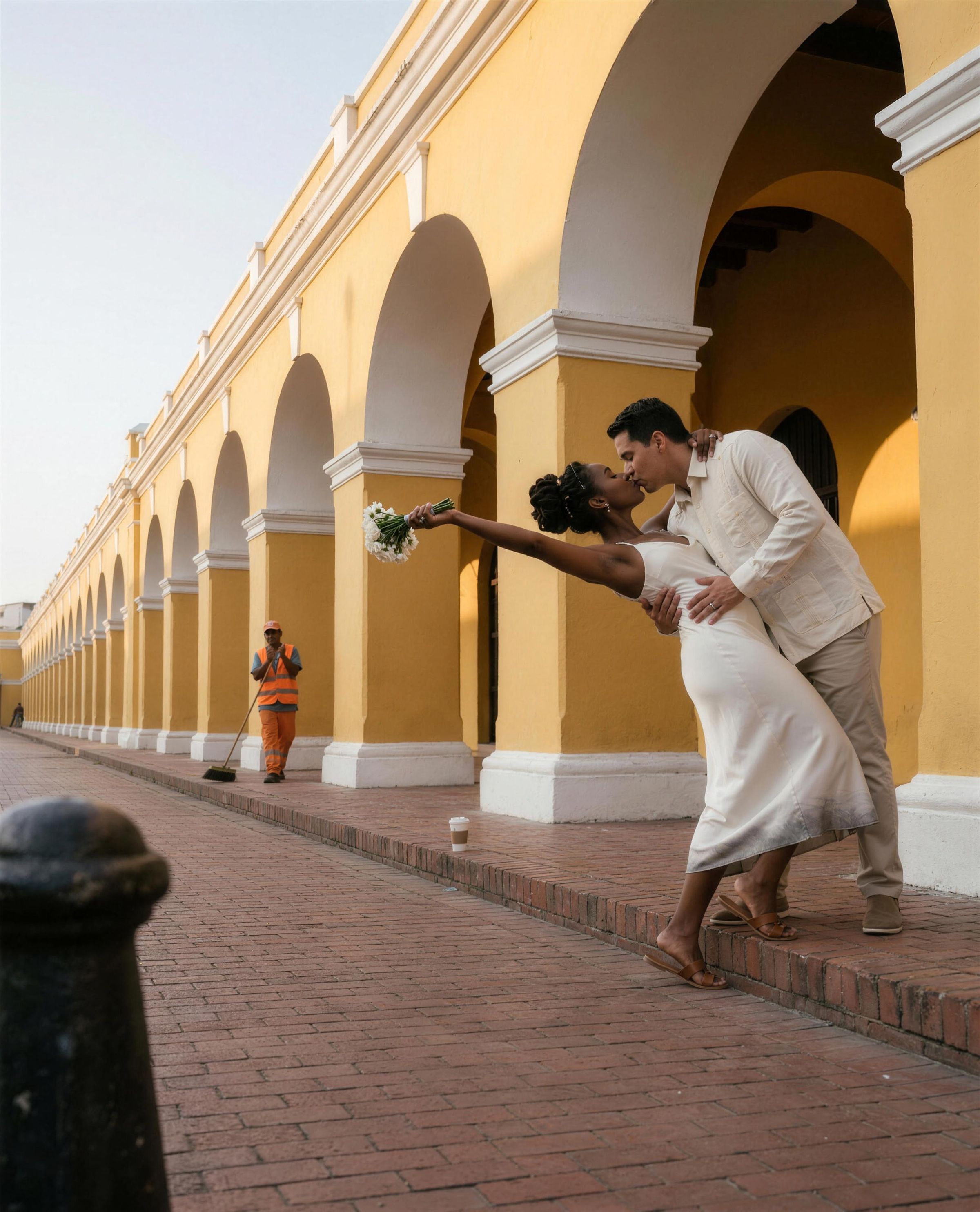 A couple alone on an empty street in the walled city of Cartagena at dawn