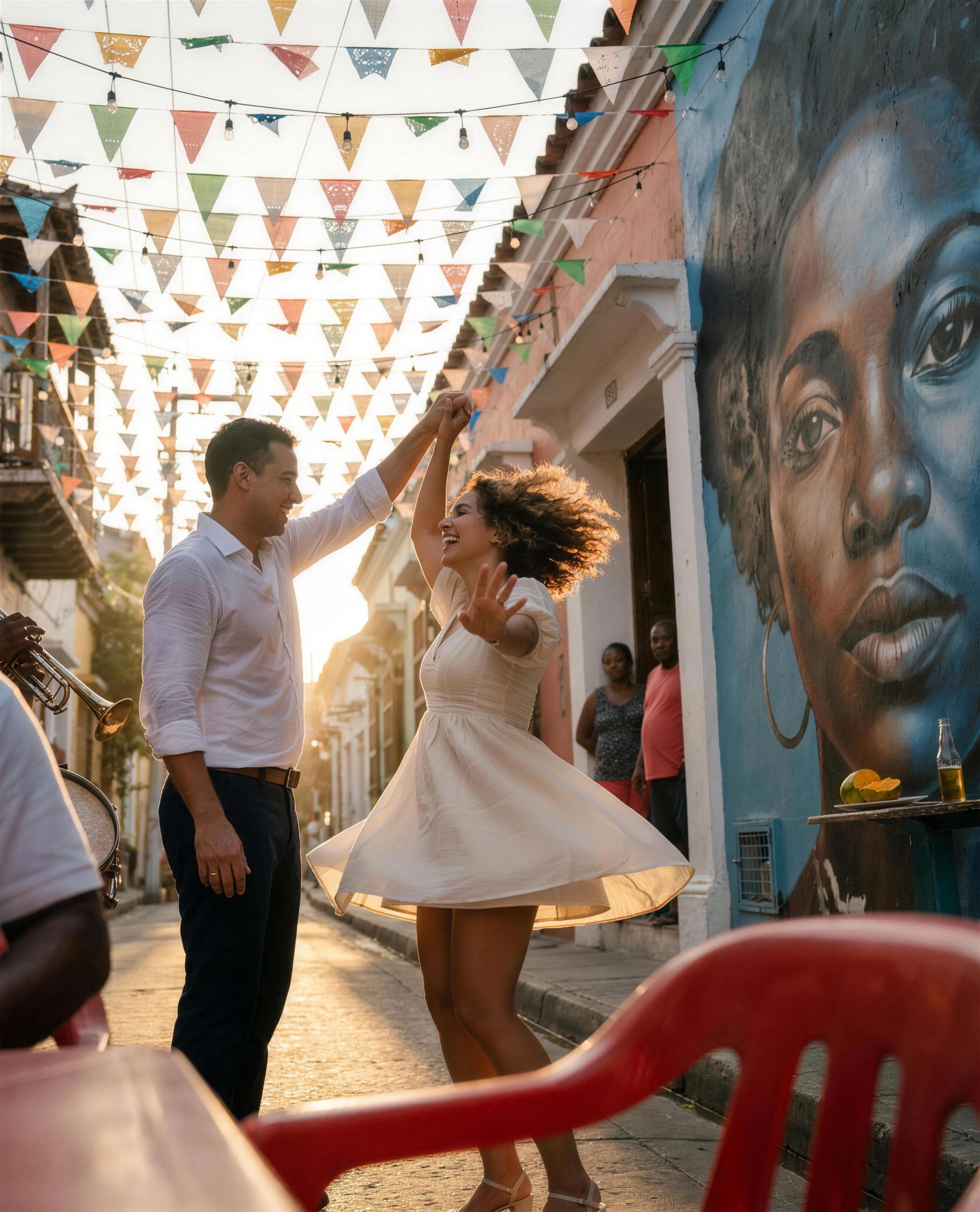A couple under strung bunting on a painted street in Getsemaní