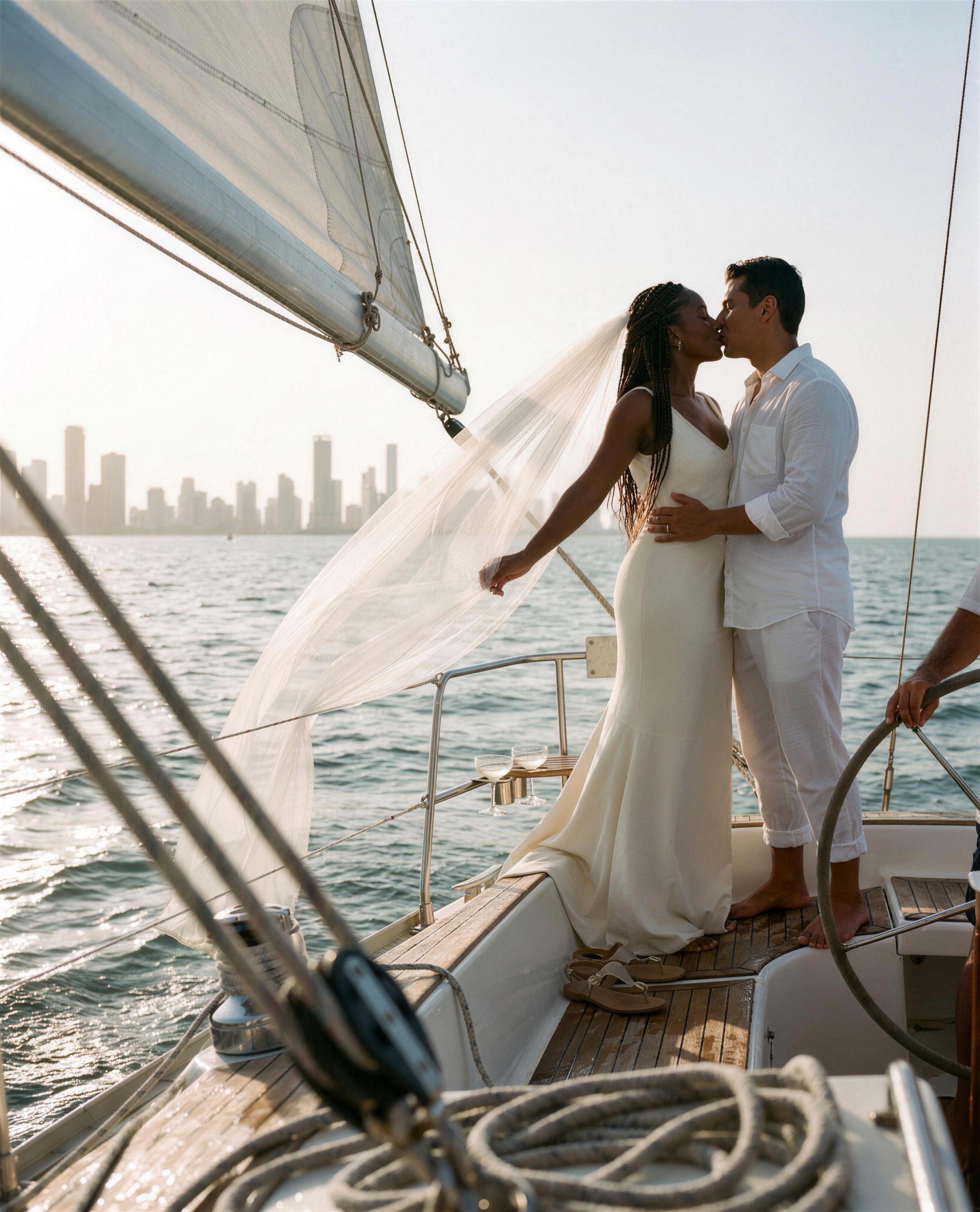A couple on a boat crossing to the Rosario islands off Cartagena