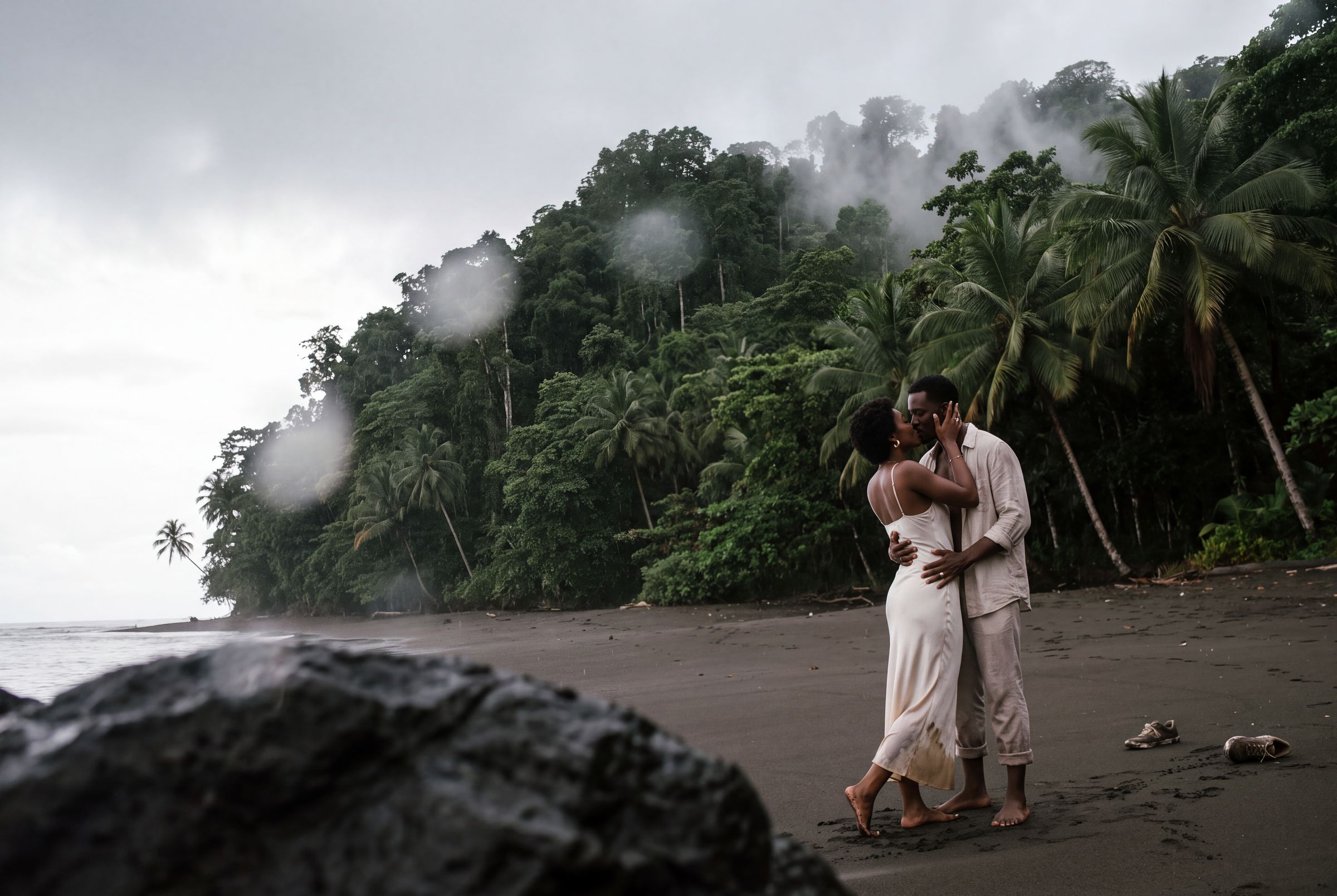 A couple on a dark sand beach at the jungle edge in Chocó with palms above them