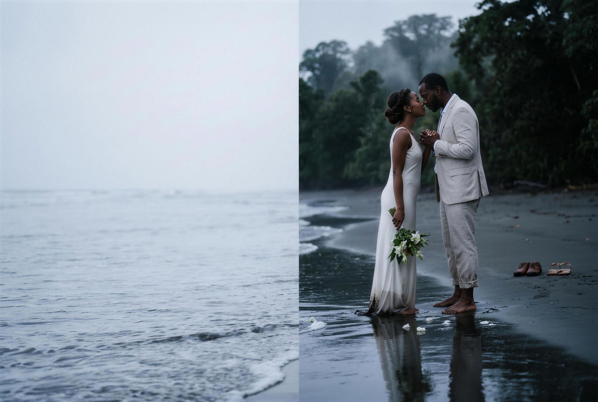 A couple standing at the water's edge on a wide dark Pacific beach in Chocó