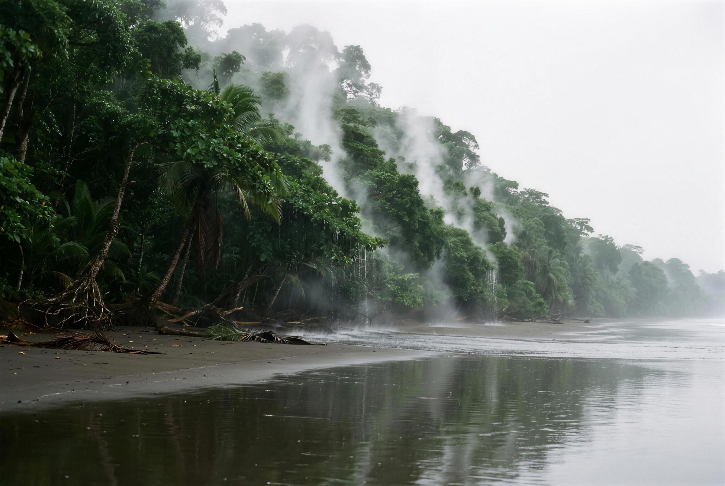 A figure in white standing at the edge of a still inlet backed by dense jungle in Chocó