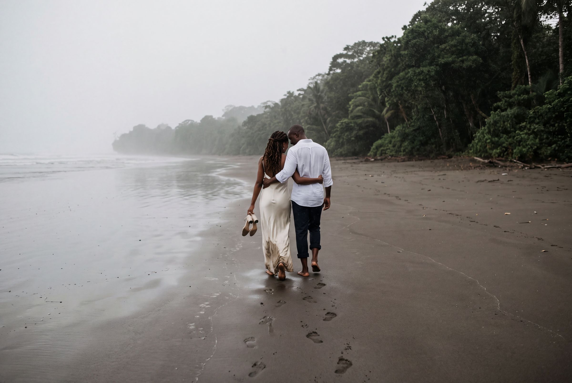 A wide grey beach with a boat and driftwood under low cloud in Chocó