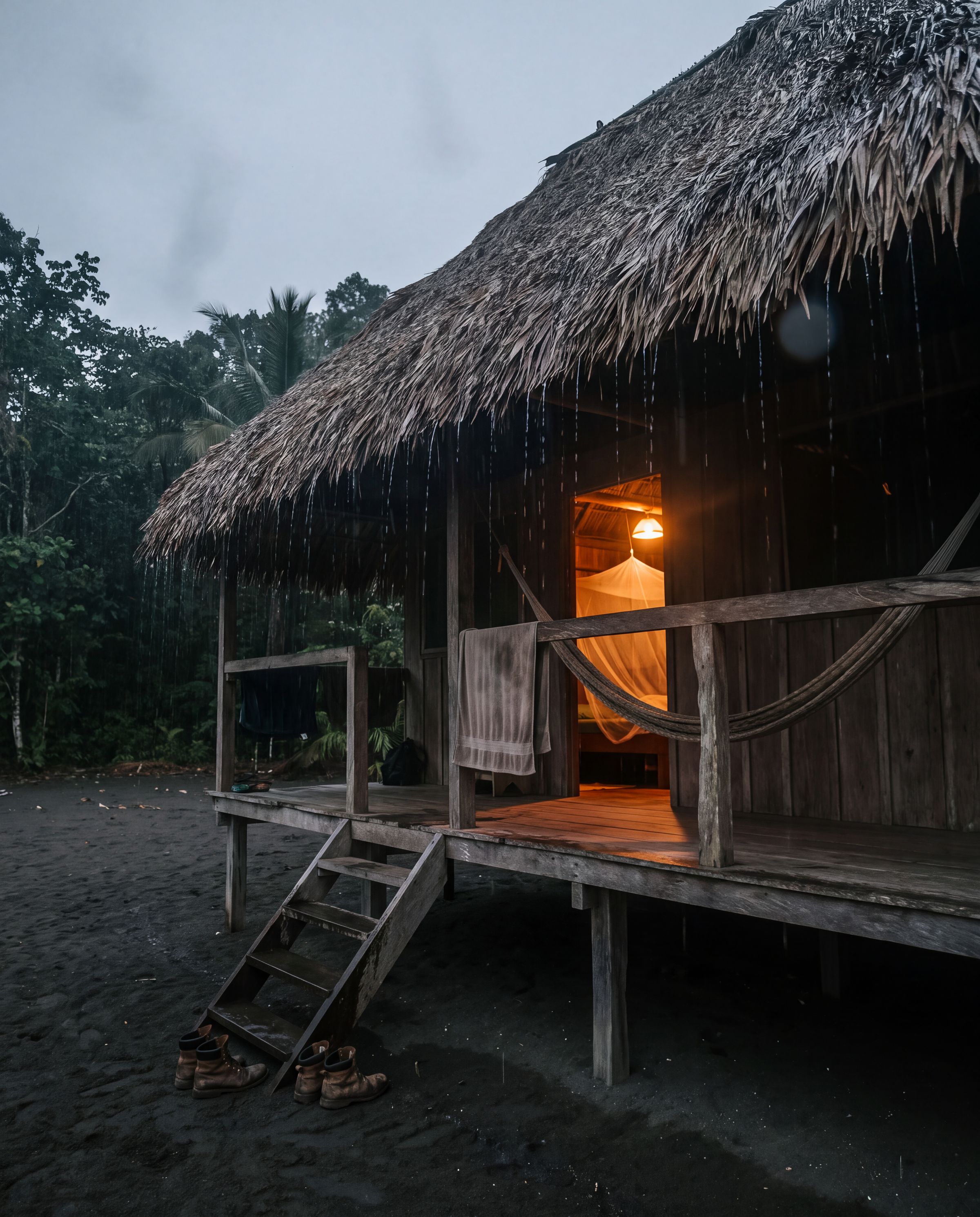 A thatched stilt cabin lit by lamplight at dusk at the jungle edge in Chocó