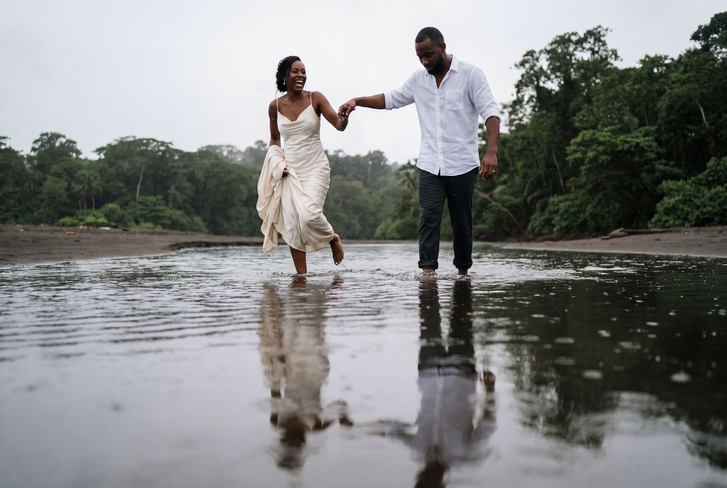 A couple walking through shallow water on a reflective dark beach in Chocó at low tide