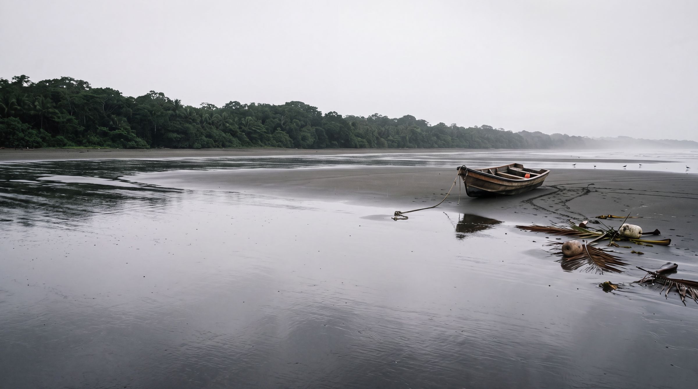 A dark beach at low tide in Chocó with a fishing boat pulled up and mist across the bay