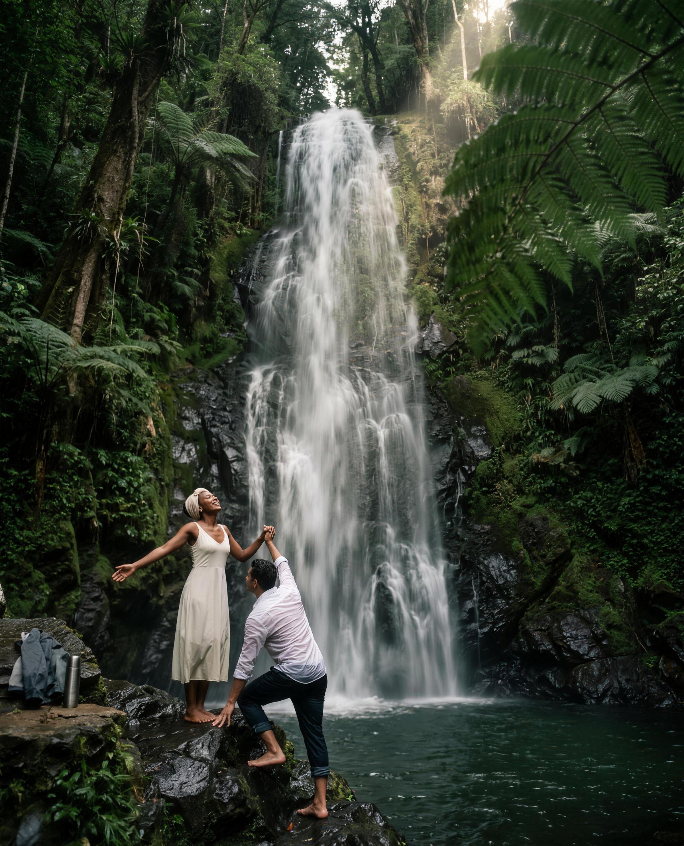 A couple beneath a tall waterfall in dense jungle, mist rising off the pool at the base of it