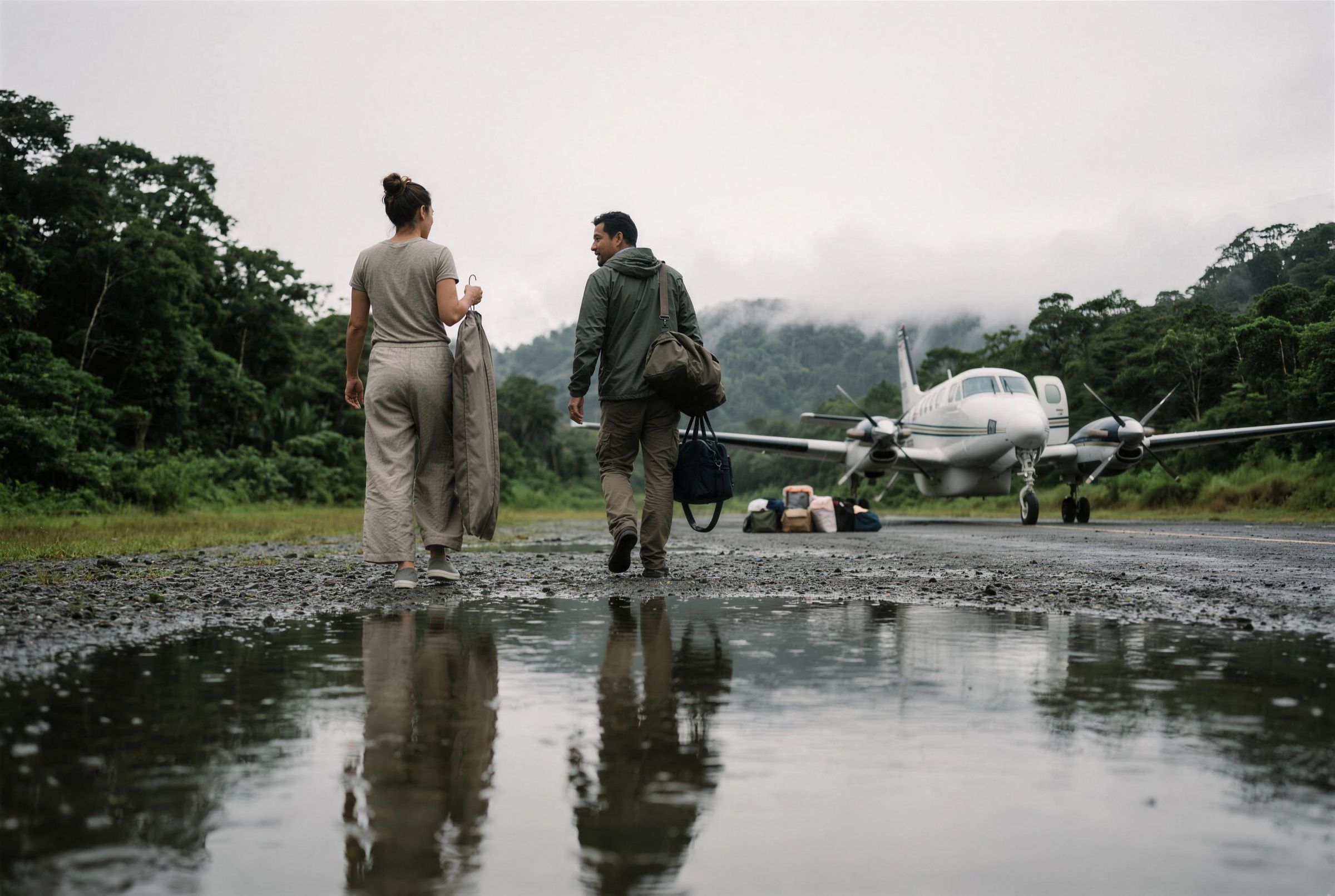 A small propeller aircraft on a wet grass airstrip surrounded by jungle in Chocó