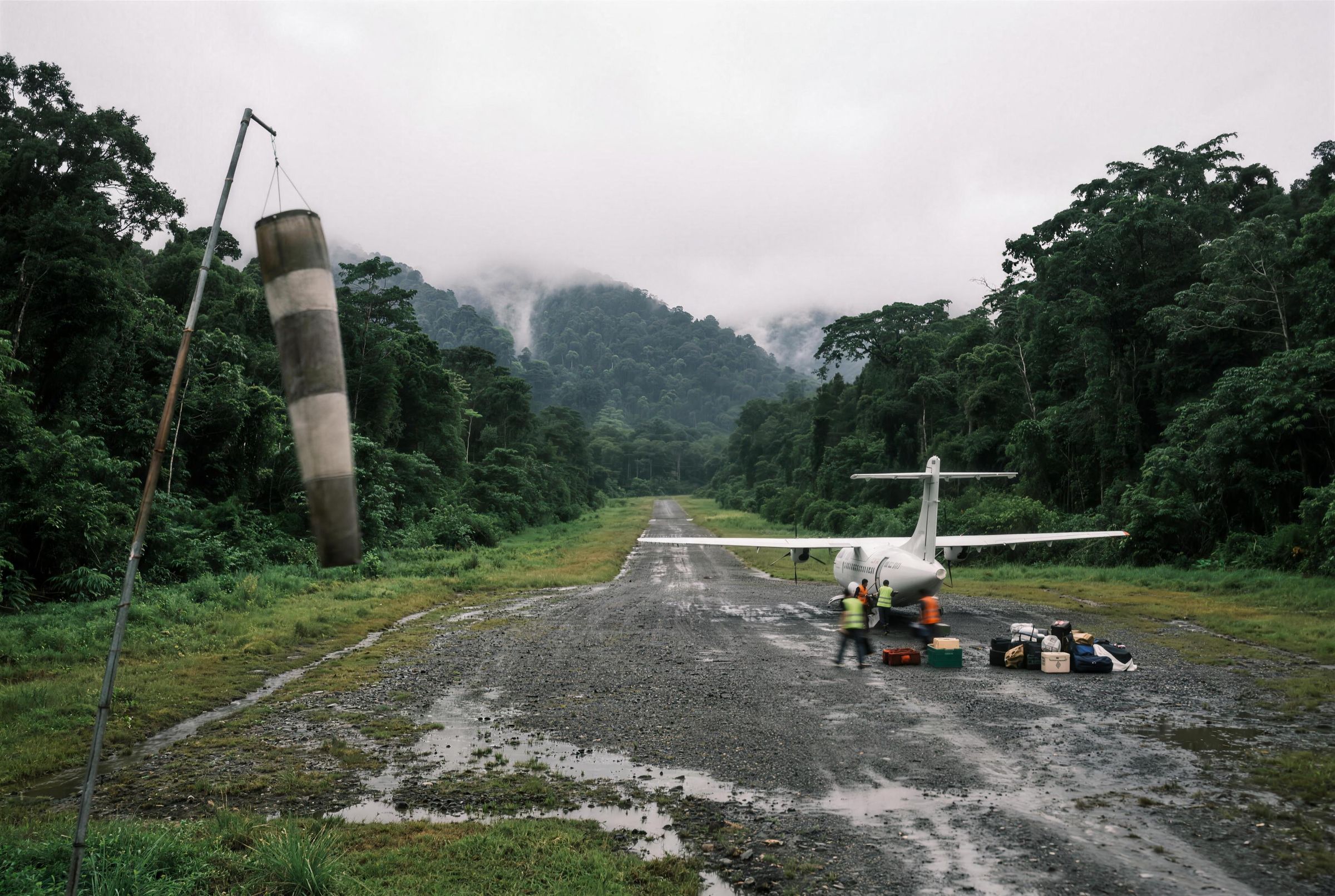 A small propeller aircraft parked on a wet jungle airstrip in Chocó with a couple walking away from it