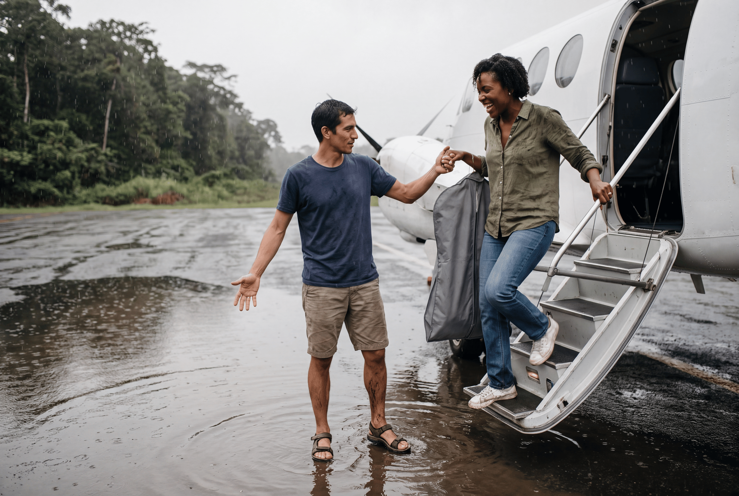 A couple stepping down from a small aircraft onto a wet airstrip in Chocó