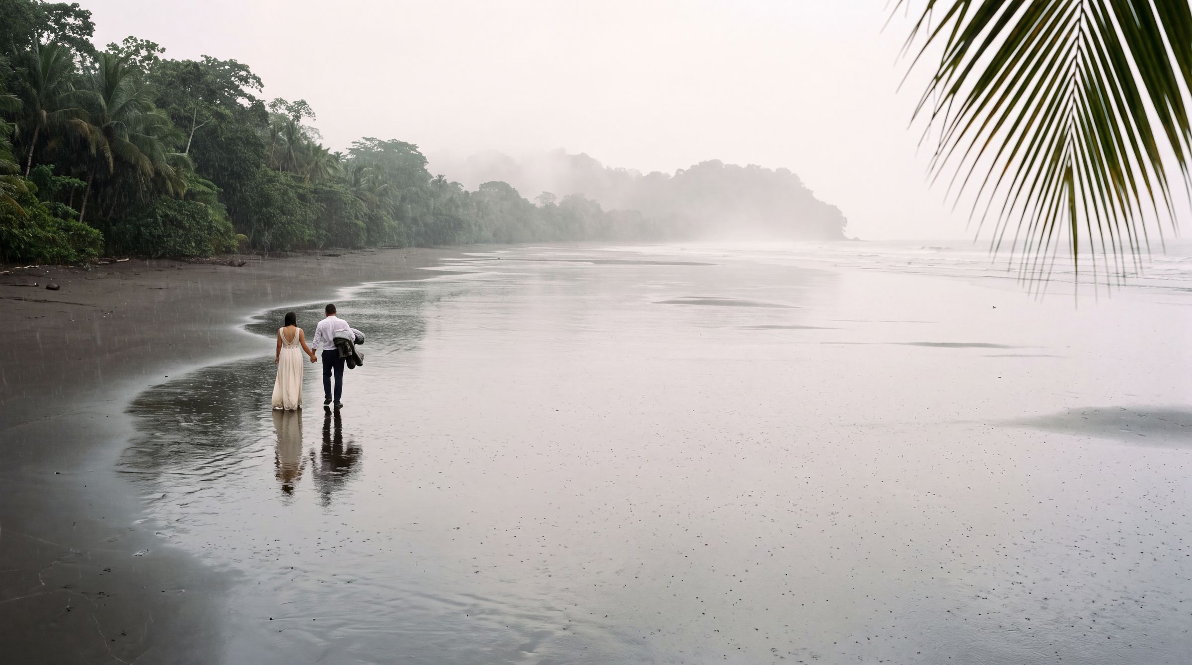 A couple on the porch of a thatched stilt cabin at the jungle edge in Chocó