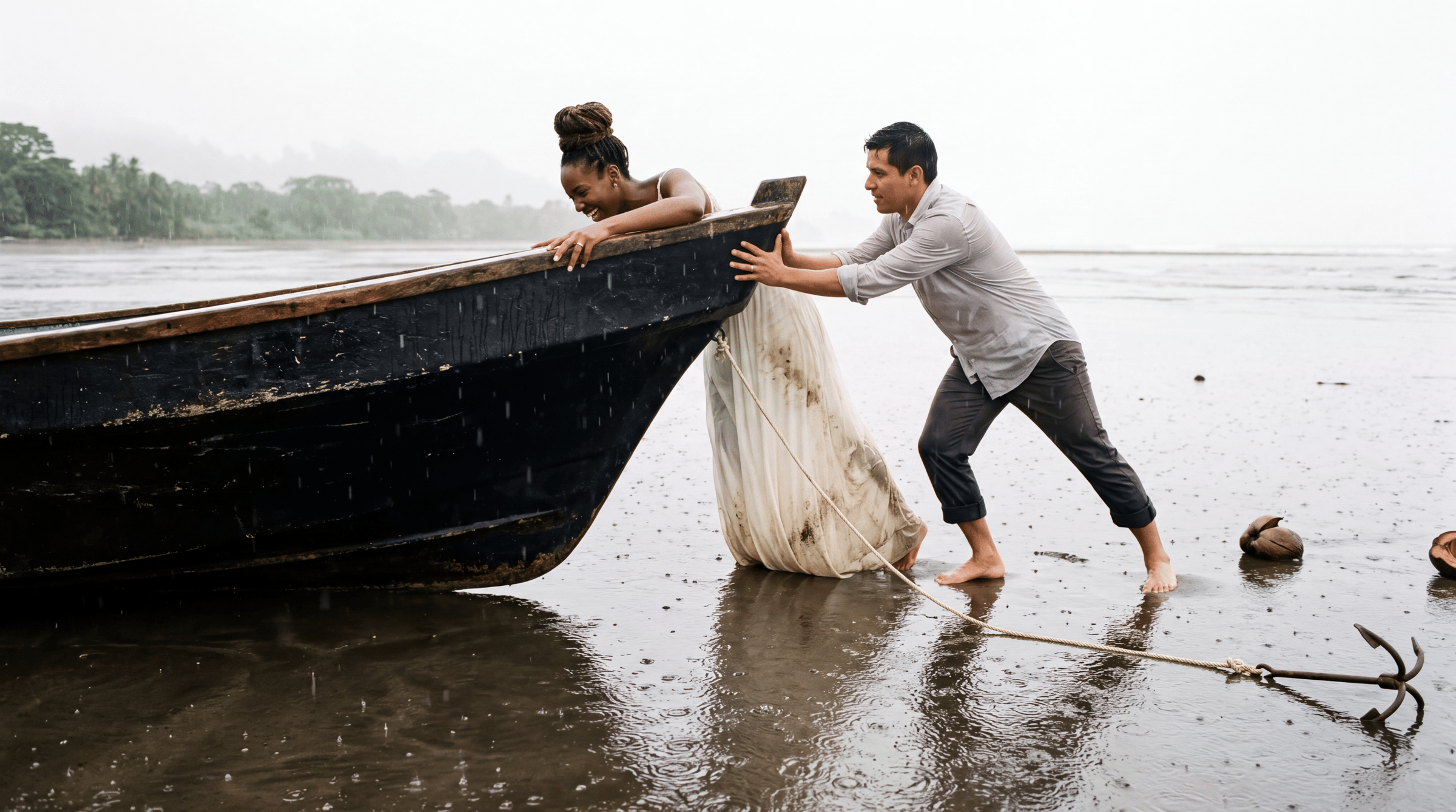 A couple walking a wet reflective beach in Chocó with rain falling and mist on the water