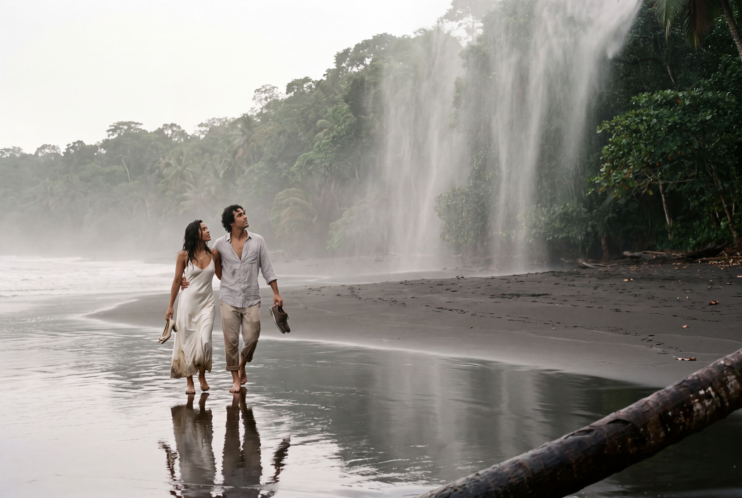 A couple at the base of a jungle waterfall in Chocó with mist rising off the pool