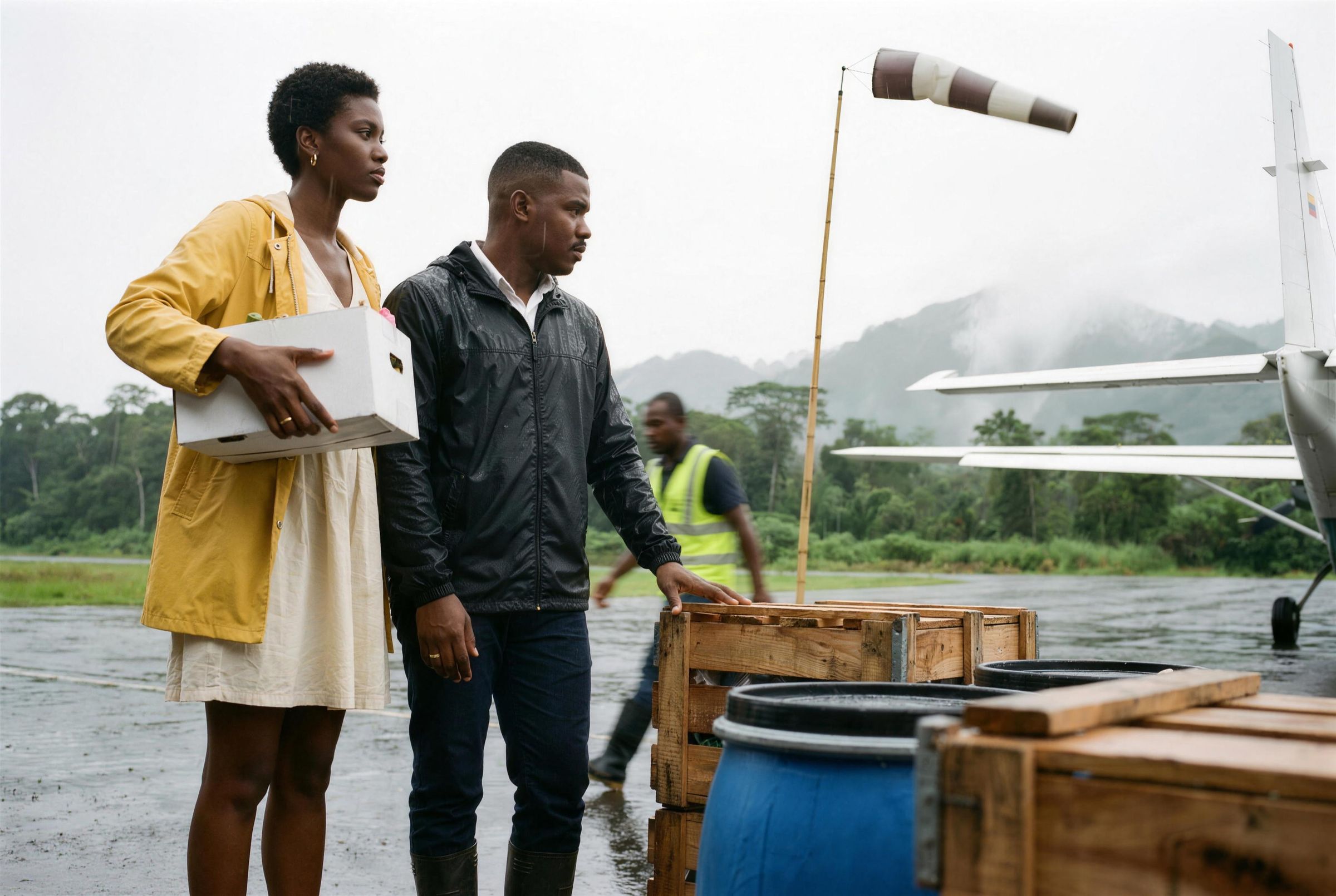 People in rain jackets unloading crates beside a jungle airstrip in Chocó