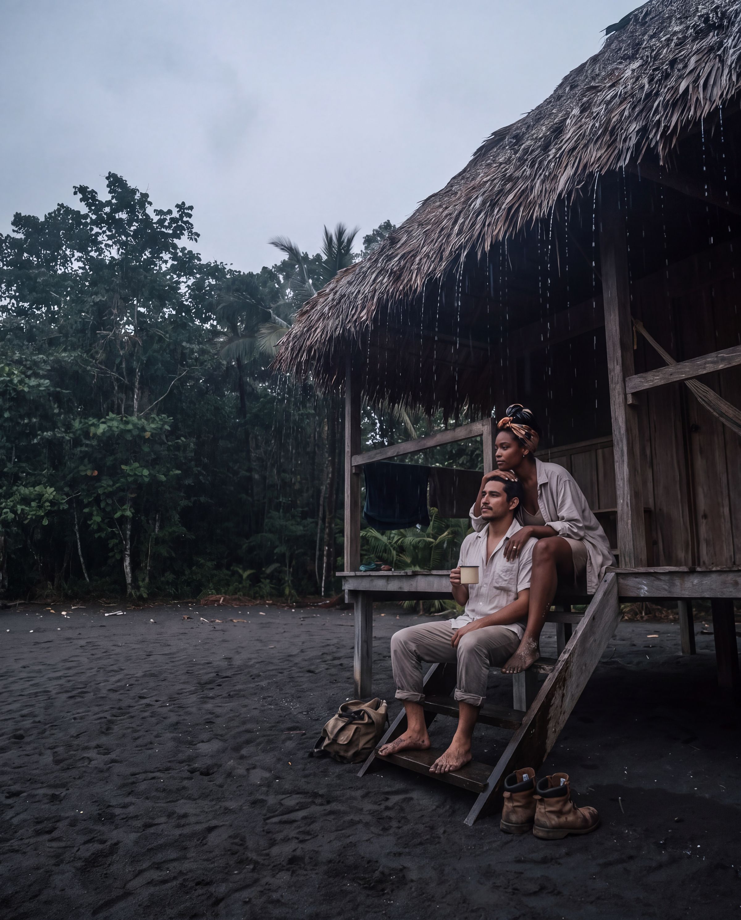 A thatched timber cabin at the jungle edge in Chocó under heavy cloud