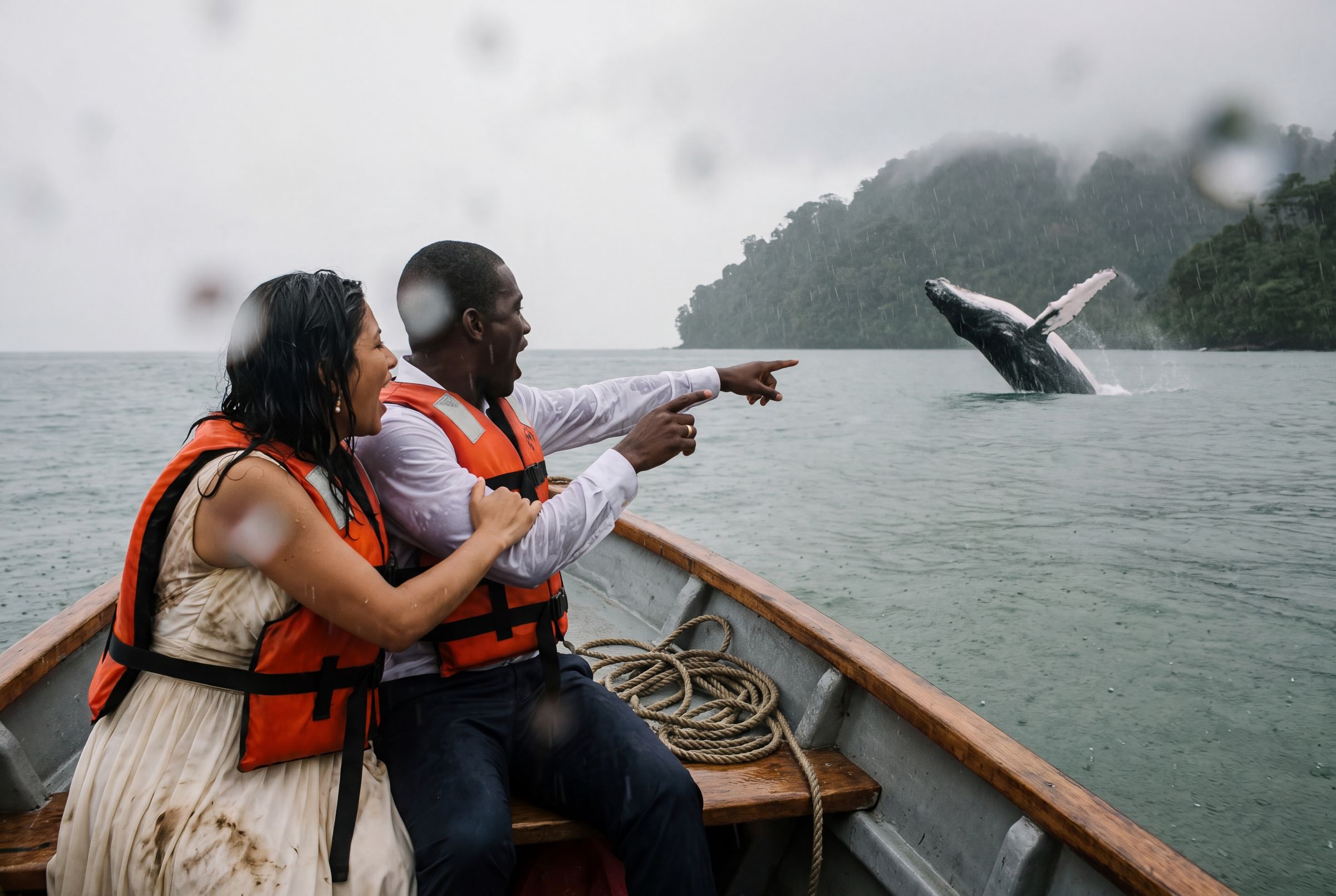 A couple in a small boat in rain gear pointing at a whale surfacing off the Chocó coast