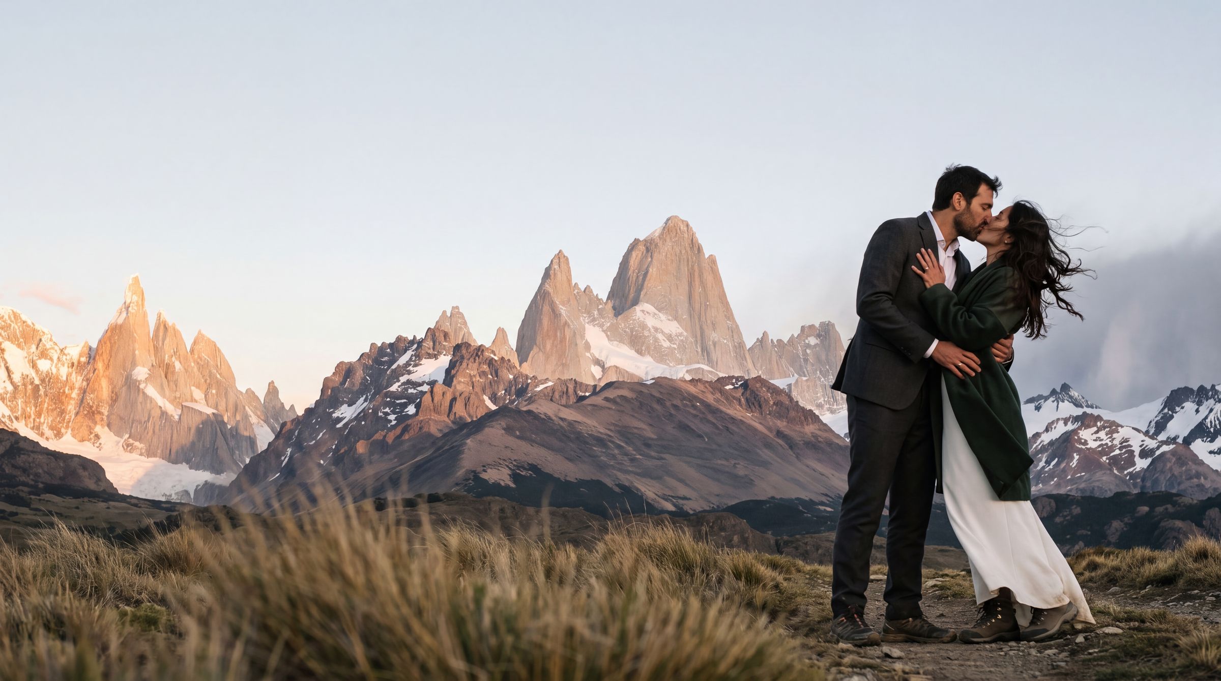 Fitz Roy and Cerro Torre seen from the steppe at last light