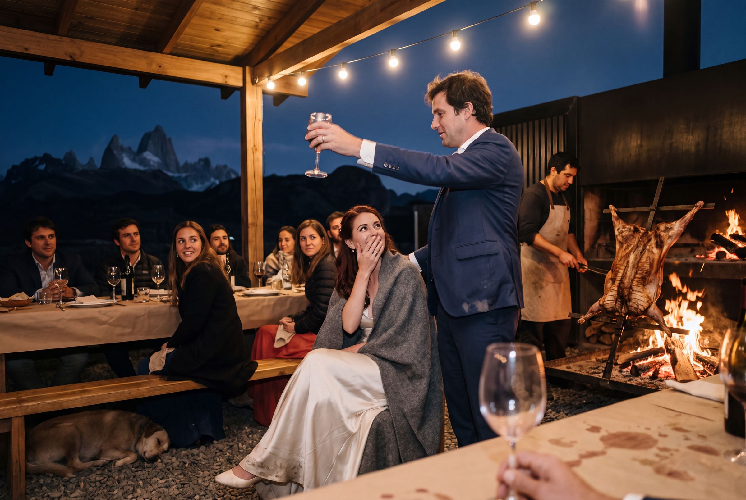 The asado at a long table, past ten at night