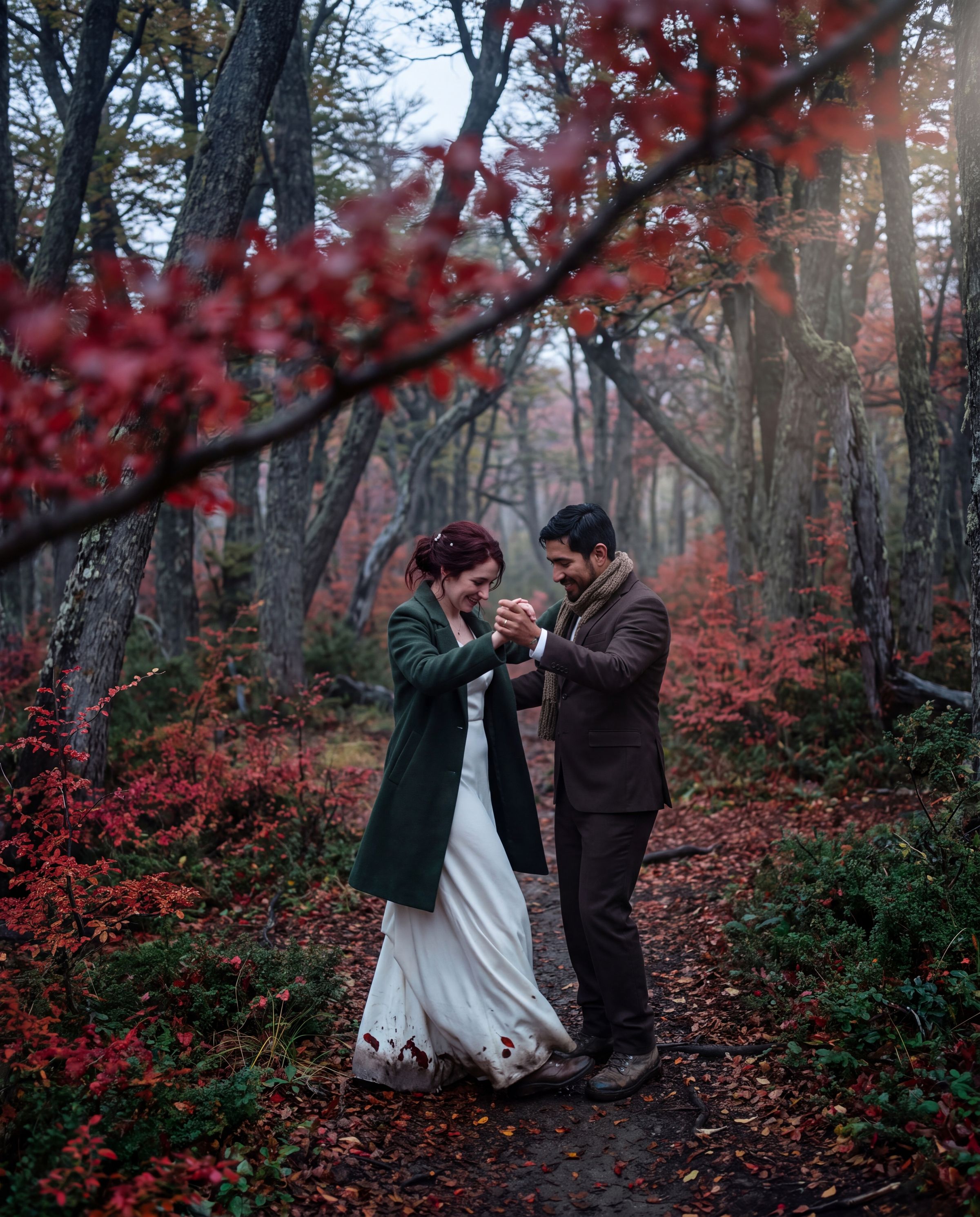 The first dance in the April beech forest, the leaves turned red