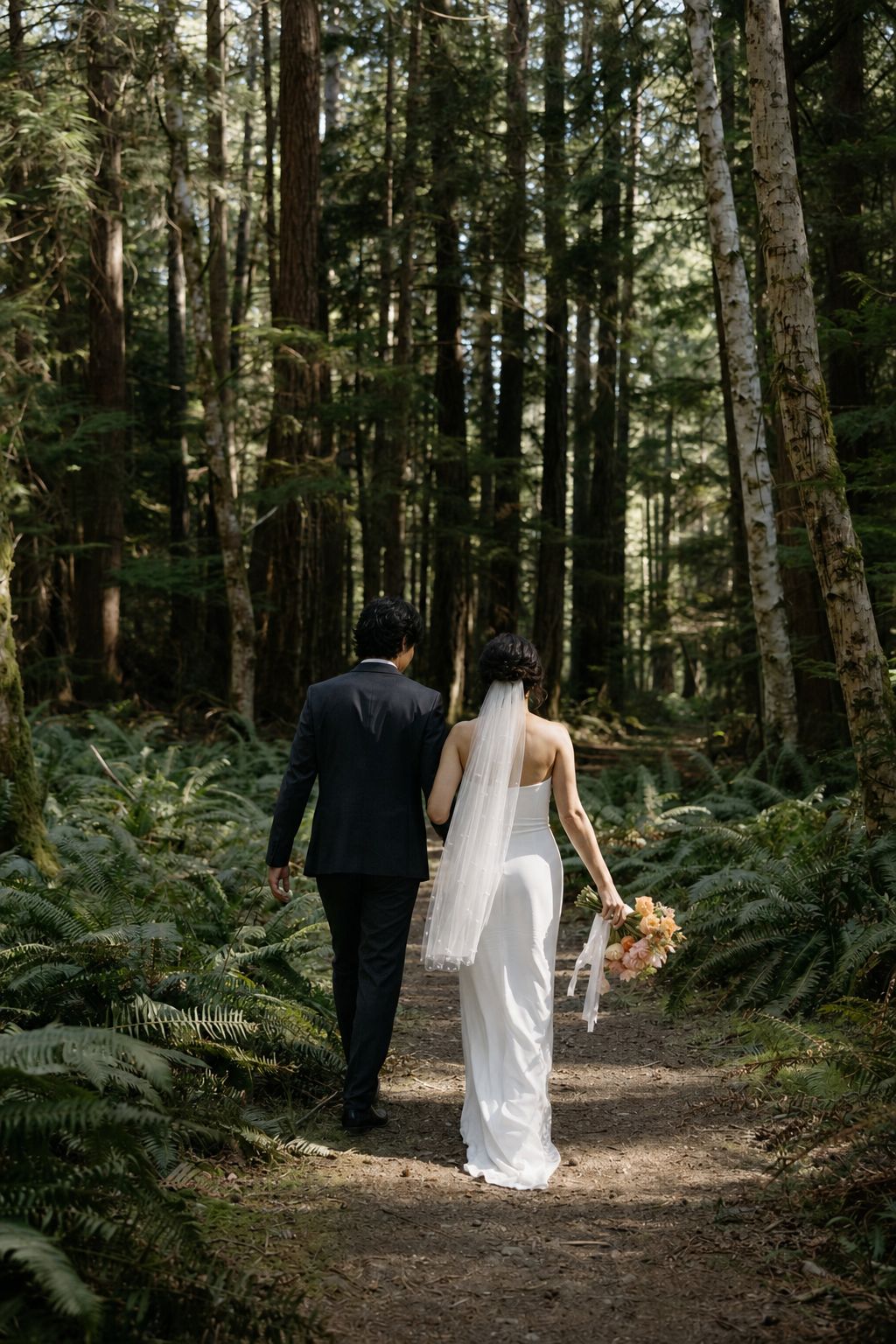 A couple walking a fern-lined forest trail toward their Vancouver Island ceremony
