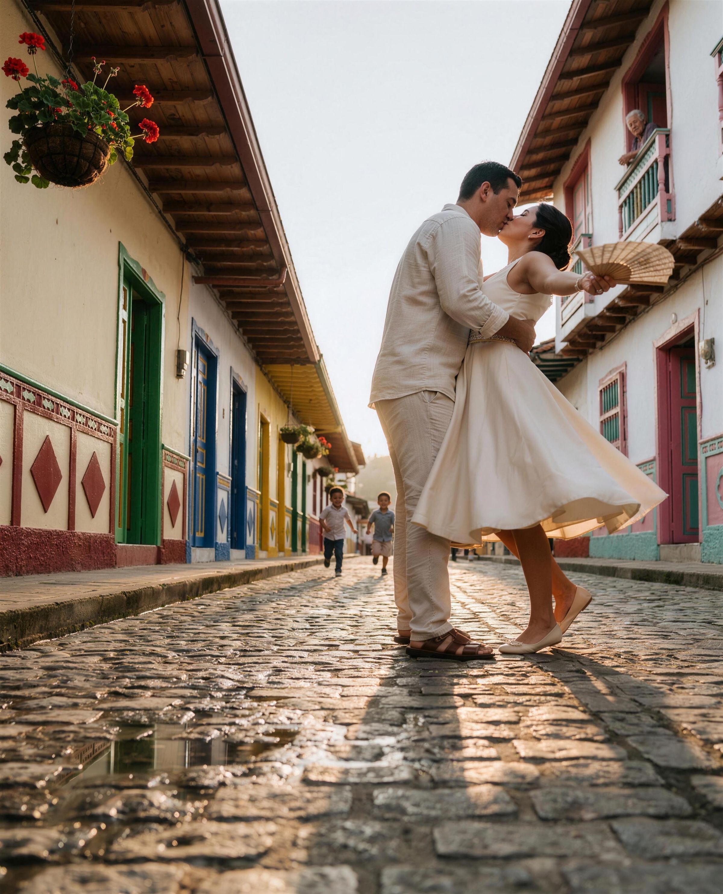 A bride and groom kissing mid-spin on wet cobbles in Guatapé at golden hour, painted zócalo panels running down the street and two children chasing her skirt