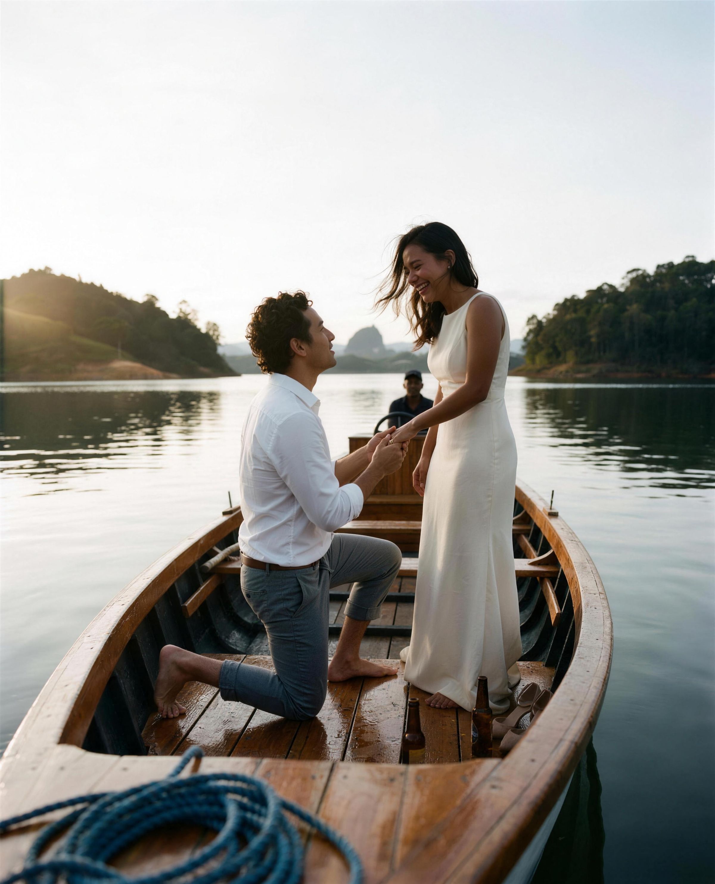 A groom on one knee reading his vows on the bow of a wooden launch drifting among the Guatapé islands, his bride laughing and crying above him with El Peñol on the horizon