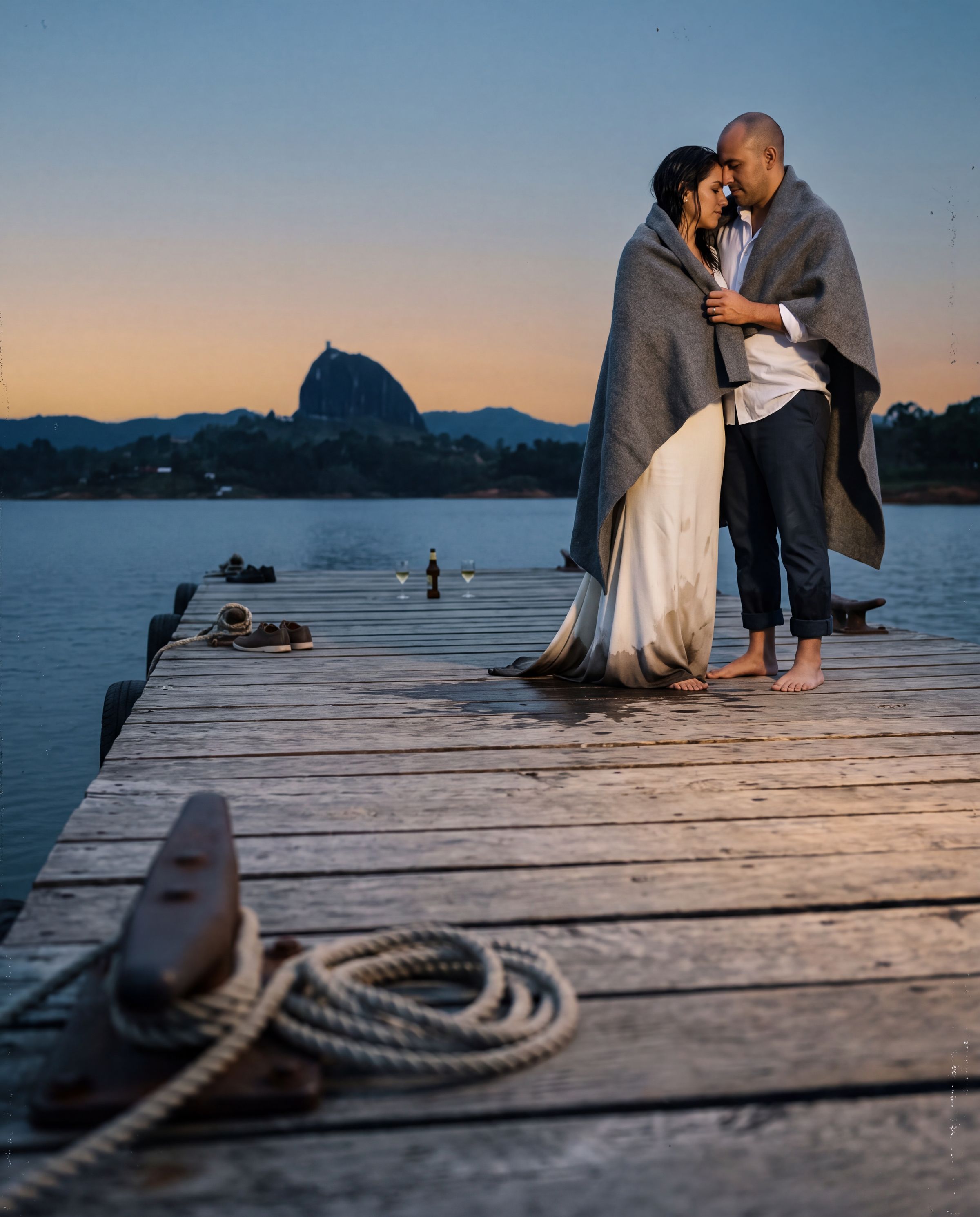 A bride and groom wrapped in one wool blanket at the end of a lakeside finca dock in Guatapé after dark, her gown soaked from a swim and La Piedra black on the last of the light